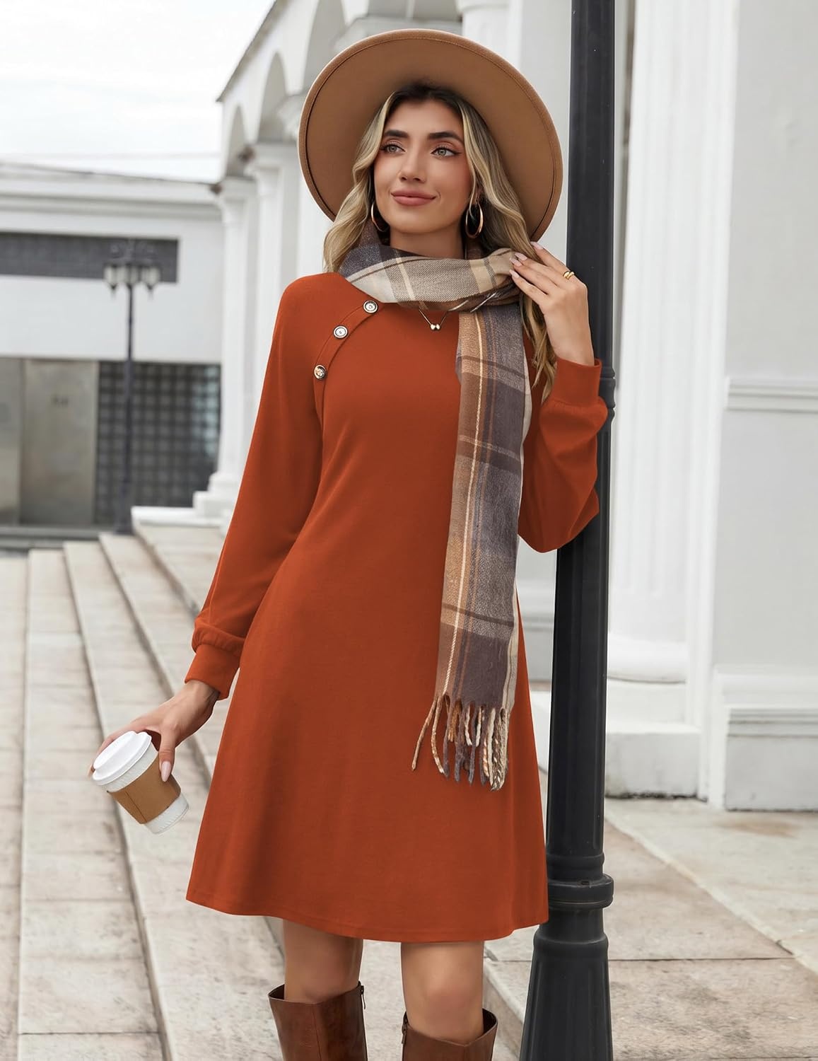 image:imageZeagoo Womens Long Sleeve Tunic Dress Side Button Crew Neck Casual Flowy Fall Winter ALine Dress with PocketsCaramel