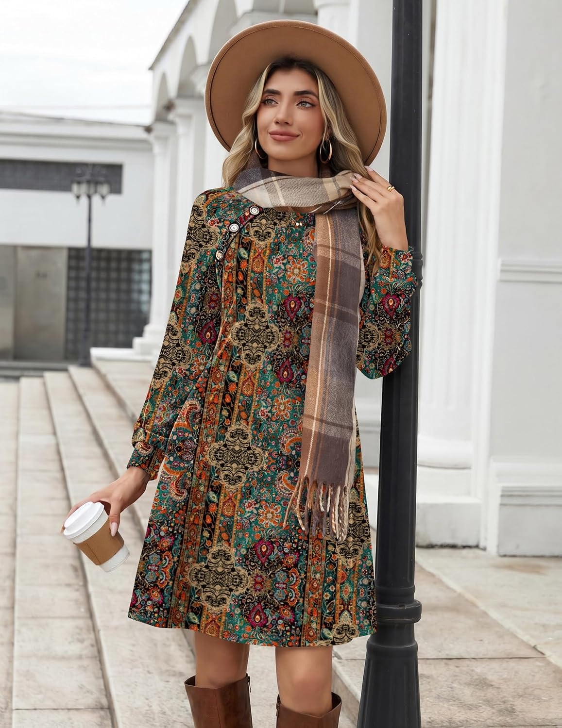 image:imageZeagoo Womens Long Sleeve Tunic Dress Side Button Crew Neck Casual Flowy Fall Winter ALine Dress with PocketsChic Printed