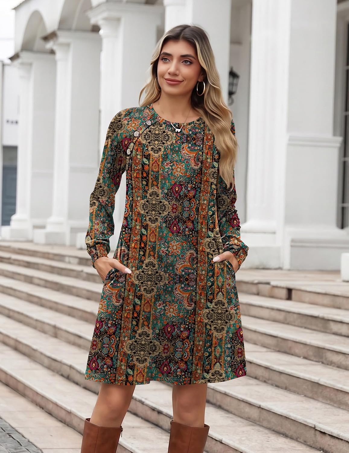image:imageZeagoo Womens Long Sleeve Tunic Dress Side Button Crew Neck Casual Flowy Fall Winter ALine Dress with PocketsChic Printed
