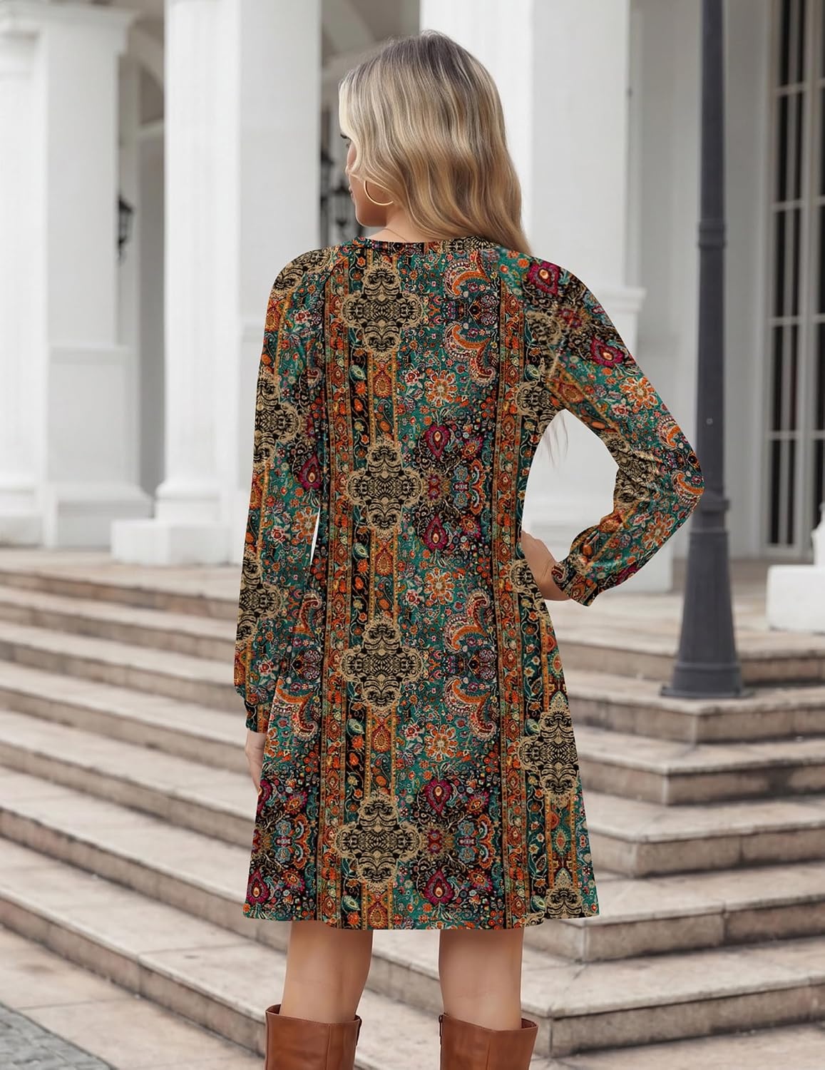 image:imageZeagoo Womens Long Sleeve Tunic Dress Side Button Crew Neck Casual Flowy Fall Winter ALine Dress with PocketsChic Printed