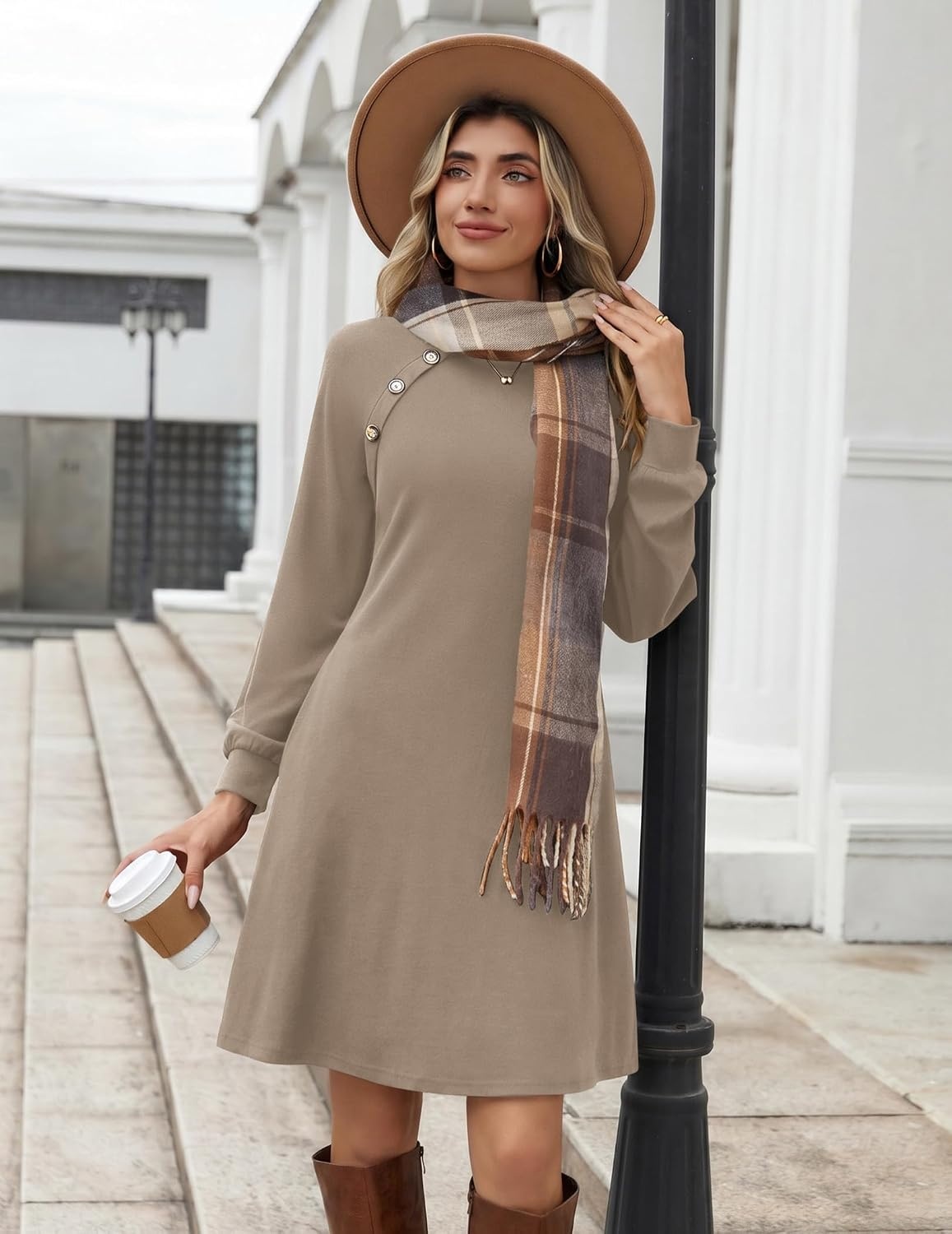 image:imageZeagoo Womens Long Sleeve Tunic Dress Side Button Crew Neck Casual Flowy Fall Winter ALine Dress with PocketsKhaki