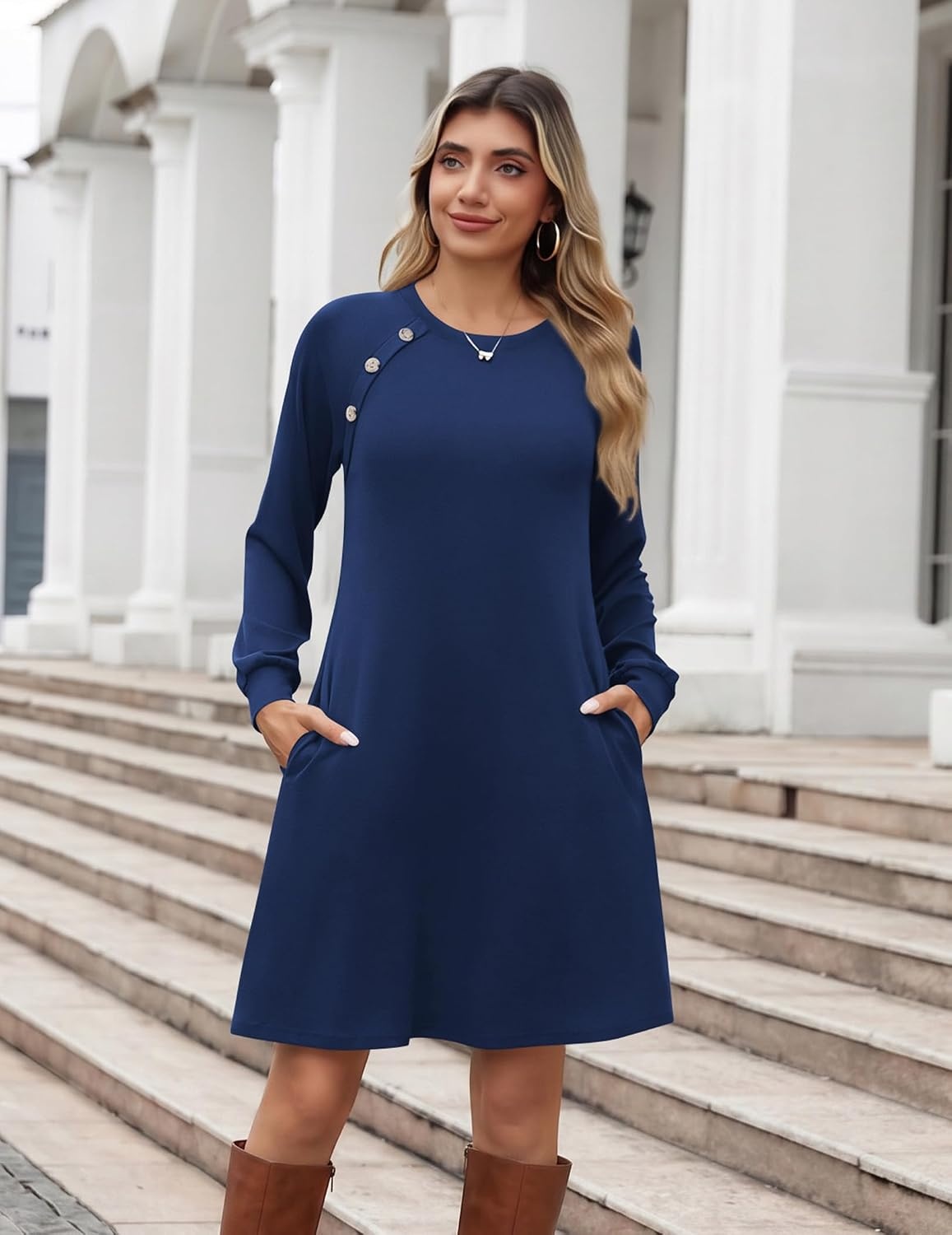 image:imageZeagoo Womens Long Sleeve Tunic Dress Side Button Crew Neck Casual Flowy Fall Winter ALine Dress with PocketsNavy Blue