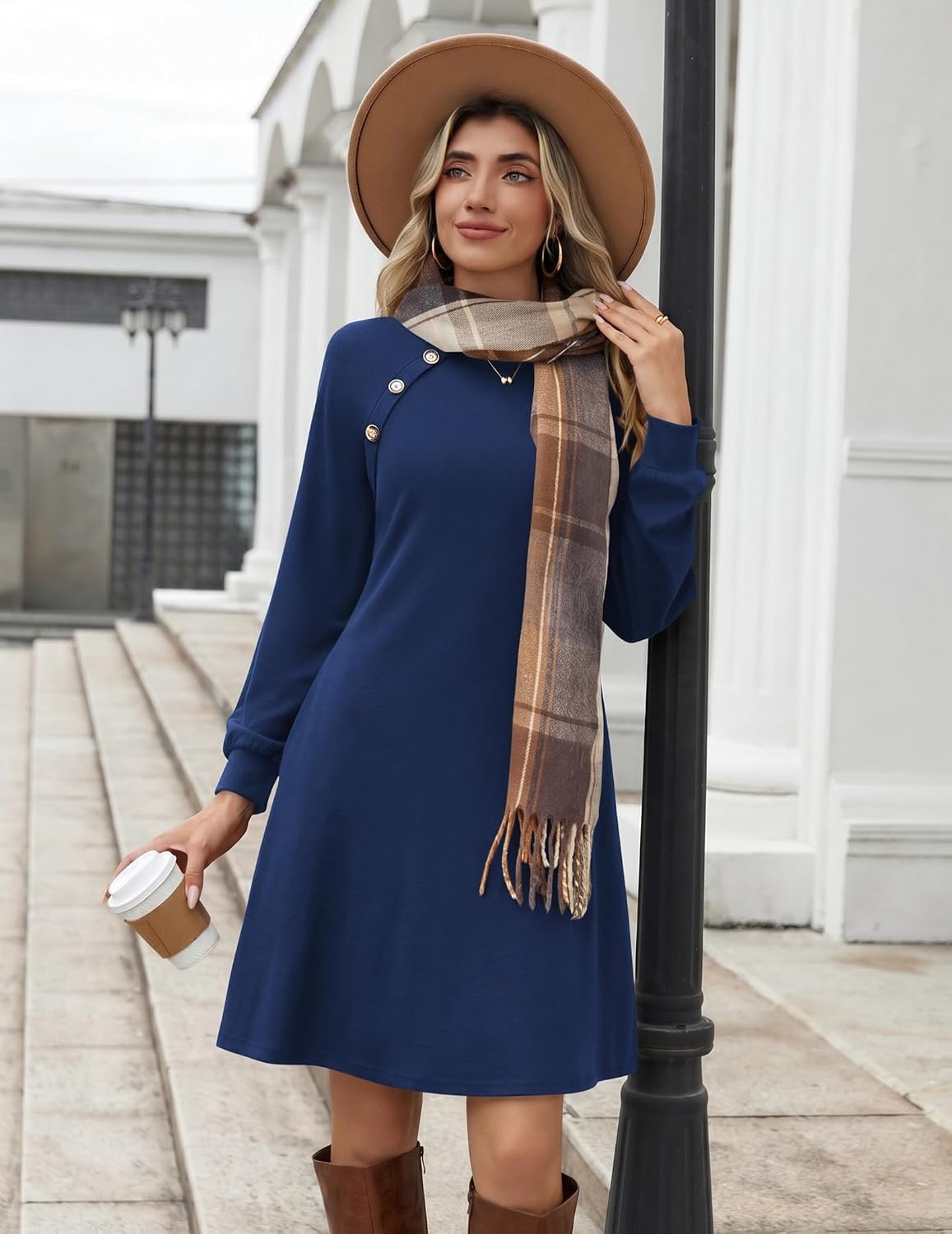 image:imageZeagoo Womens Long Sleeve Tunic Dress Side Button Crew Neck Casual Flowy Fall Winter ALine Dress with PocketsNavy Blue