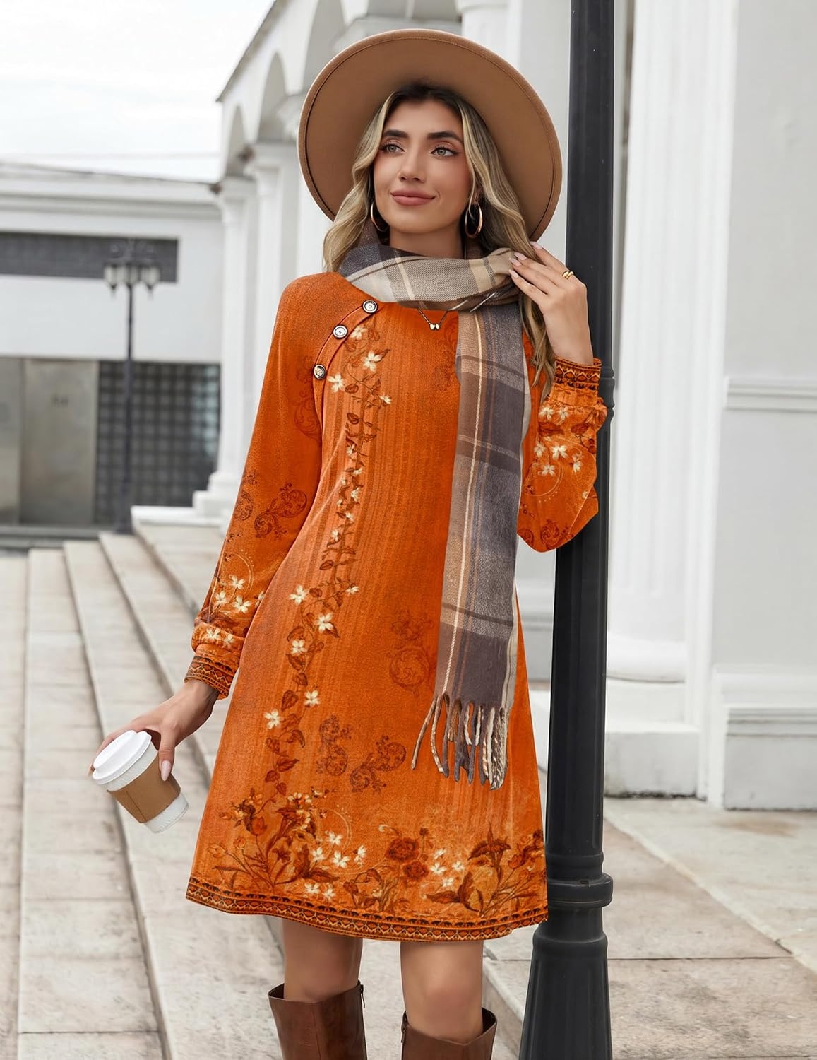 image:imageZeagoo Womens Long Sleeve Tunic Dress Side Button Crew Neck Casual Flowy Fall Winter ALine Dress with PocketsOrange Floral