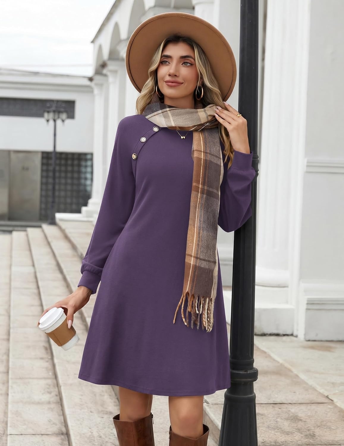 image:imageZeagoo Womens Long Sleeve Tunic Dress Side Button Crew Neck Casual Flowy Fall Winter ALine Dress with PocketsPurple