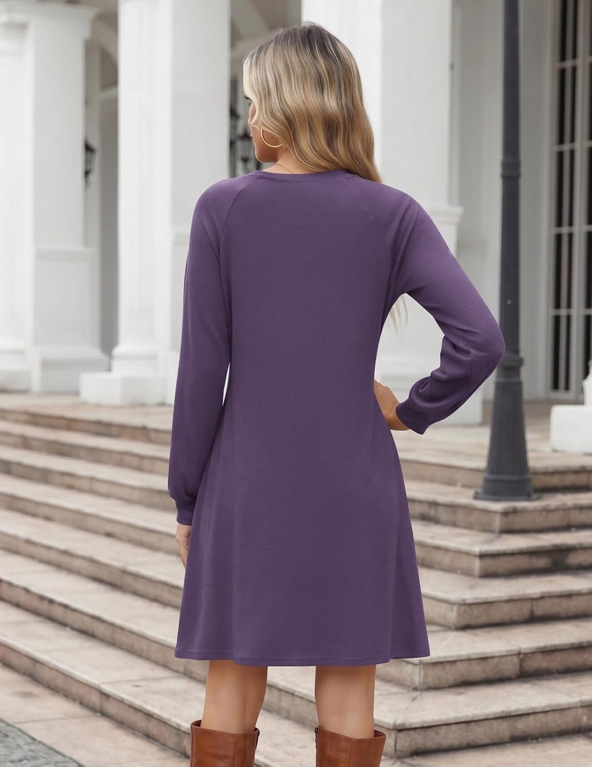 image:imageZeagoo Womens Long Sleeve Tunic Dress Side Button Crew Neck Casual Flowy Fall Winter ALine Dress with PocketsPurple