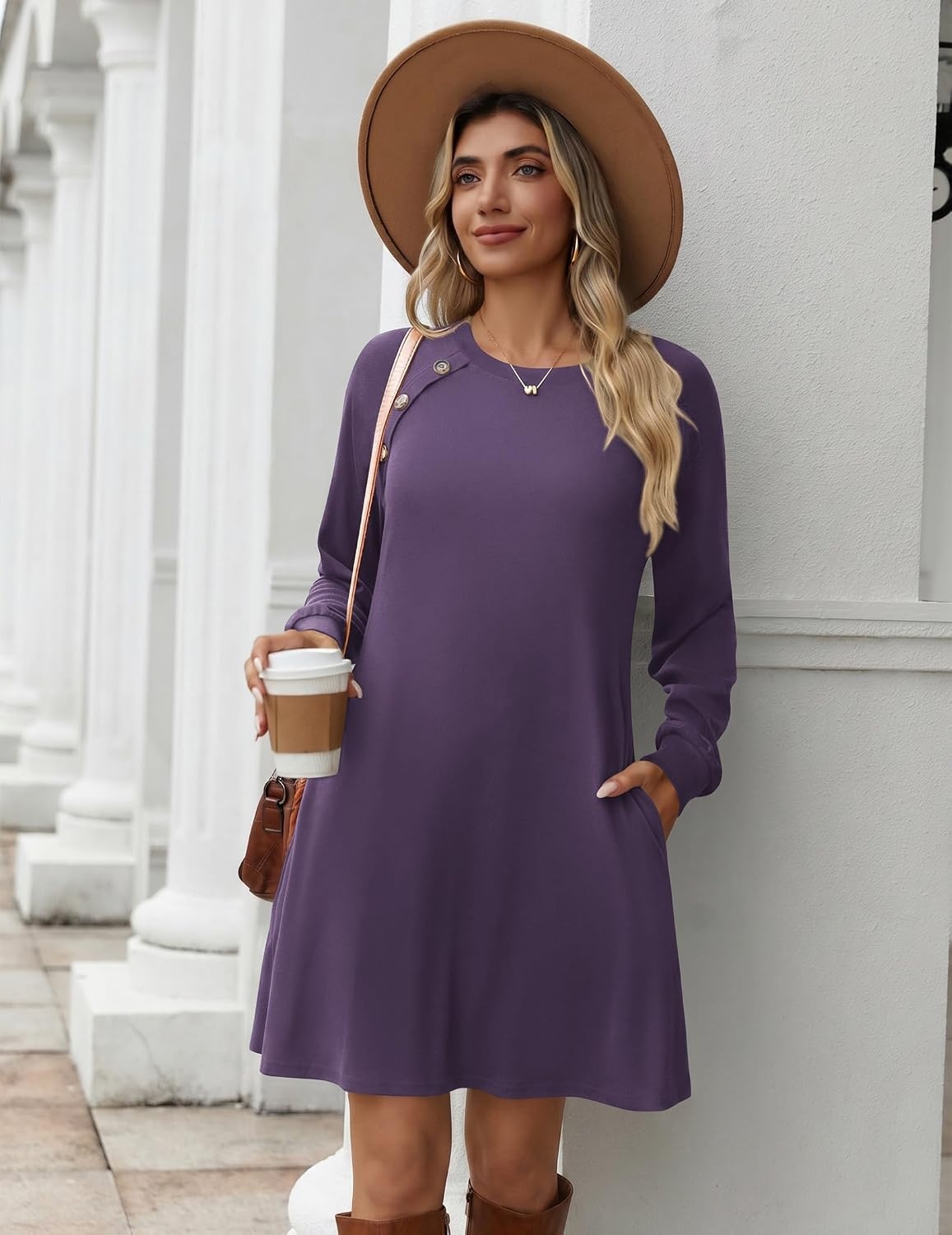 image:imageZeagoo Womens Long Sleeve Tunic Dress Side Button Crew Neck Casual Flowy Fall Winter ALine Dress with PocketsPurple