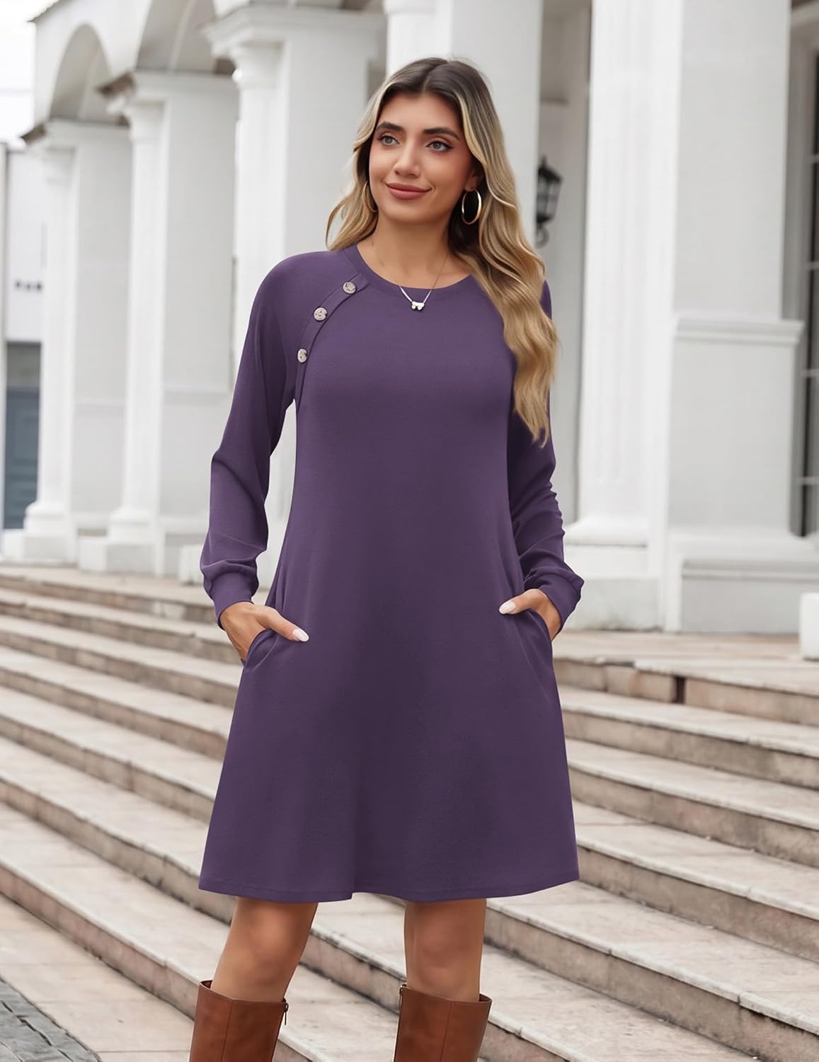image:imageZeagoo Womens Long Sleeve Tunic Dress Side Button Crew Neck Casual Flowy Fall Winter ALine Dress with PocketsPurple