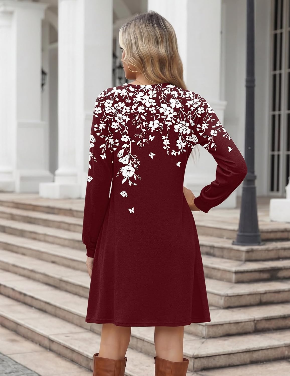 image:imageZeagoo Womens Long Sleeve Tunic Dress Side Button Crew Neck Casual Flowy Fall Winter ALine Dress with PocketsRed Floral