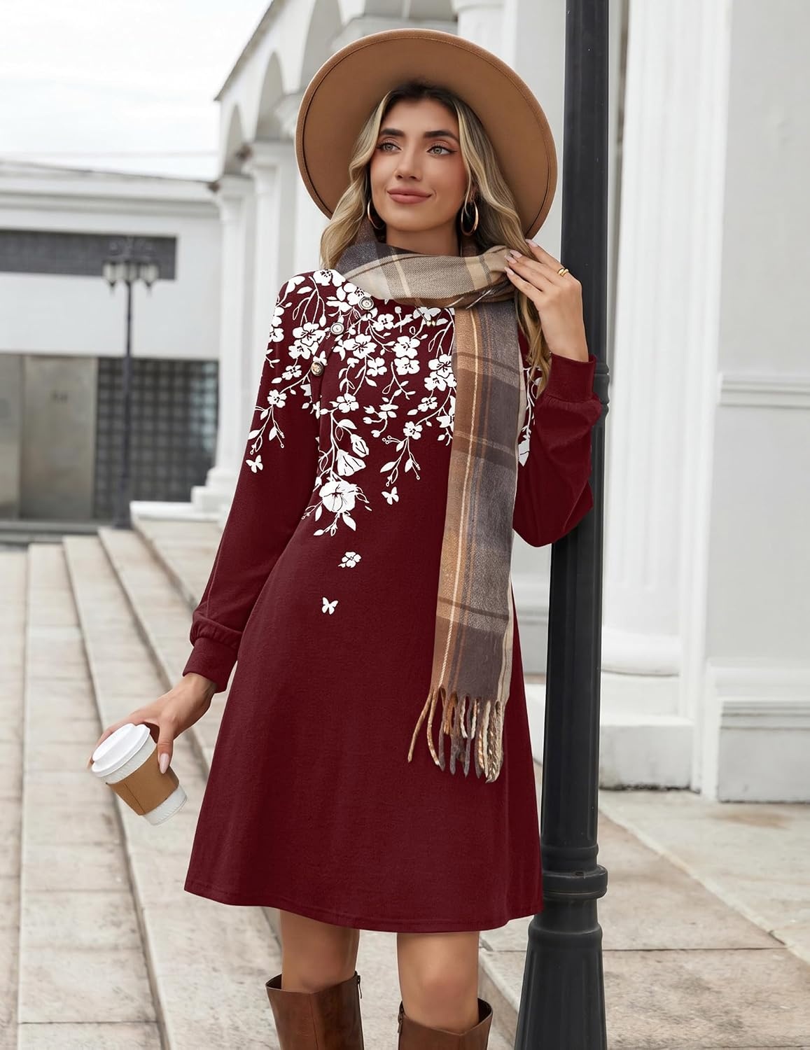 image:imageZeagoo Womens Long Sleeve Tunic Dress Side Button Crew Neck Casual Flowy Fall Winter ALine Dress with PocketsRed Floral