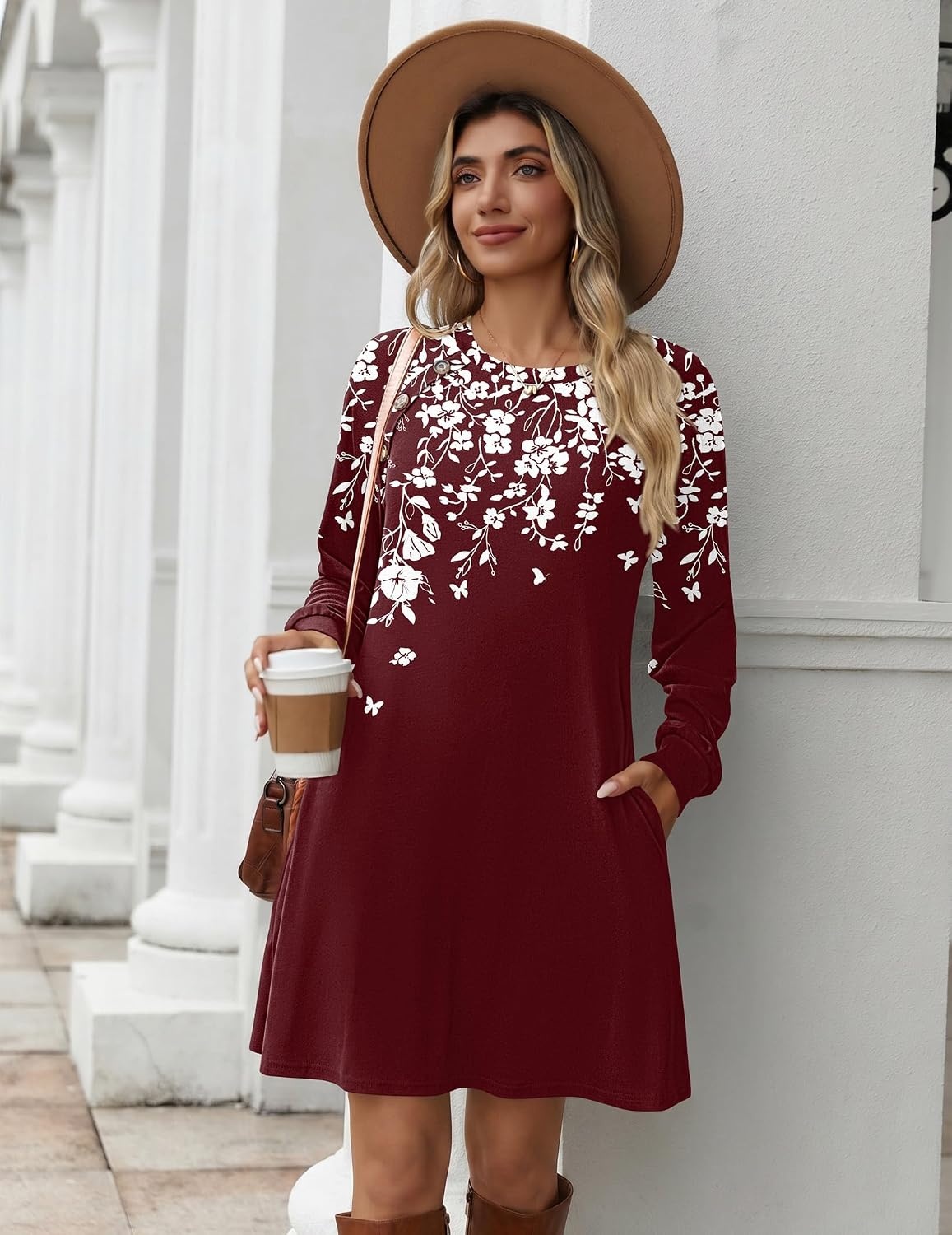 image:imageZeagoo Womens Long Sleeve Tunic Dress Side Button Crew Neck Casual Flowy Fall Winter ALine Dress with PocketsRed Floral