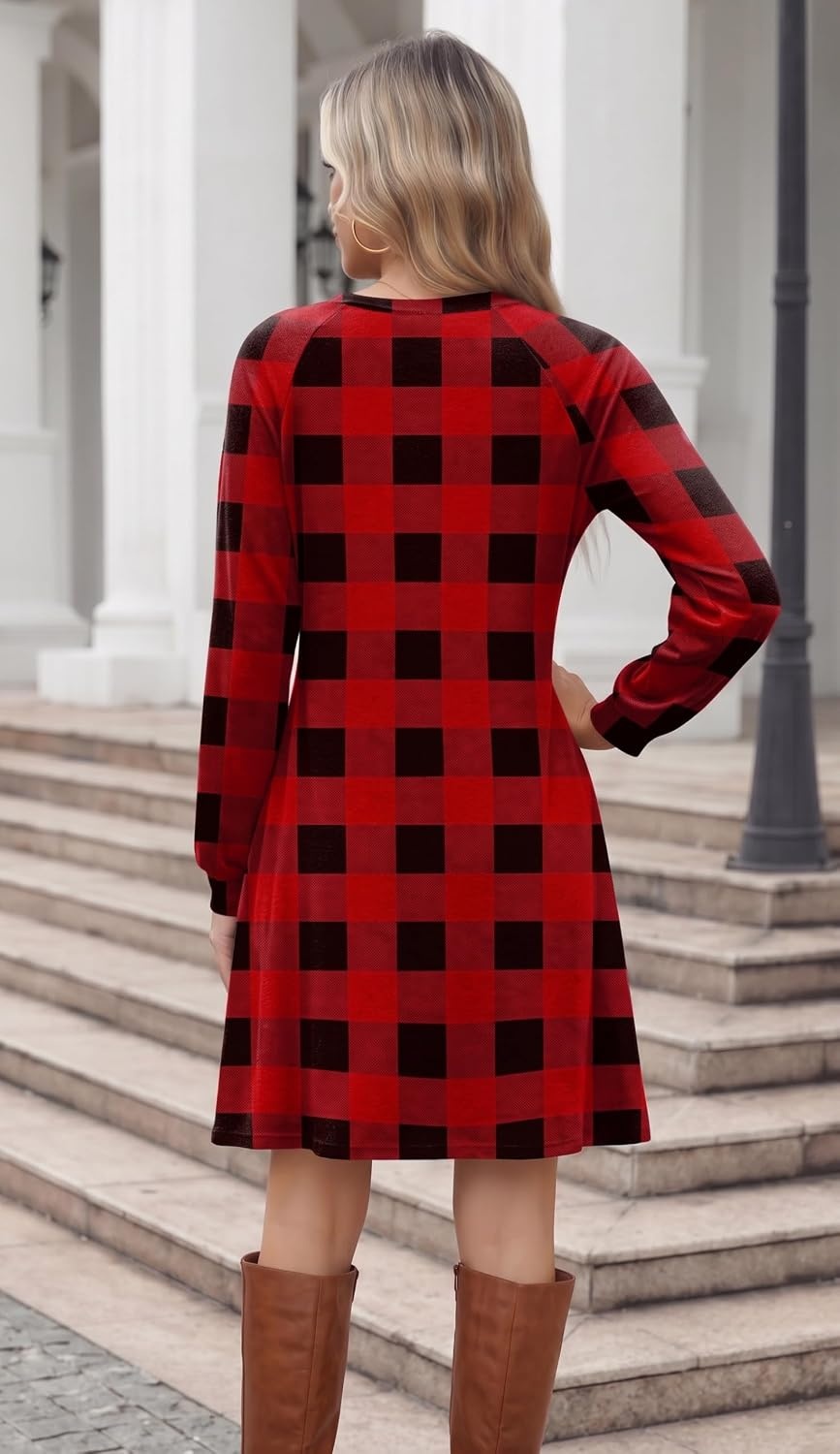image:imageZeagoo Womens Long Sleeve Tunic Dress Side Button Crew Neck Casual Flowy Fall Winter ALine Dress with PocketsRed Plaid