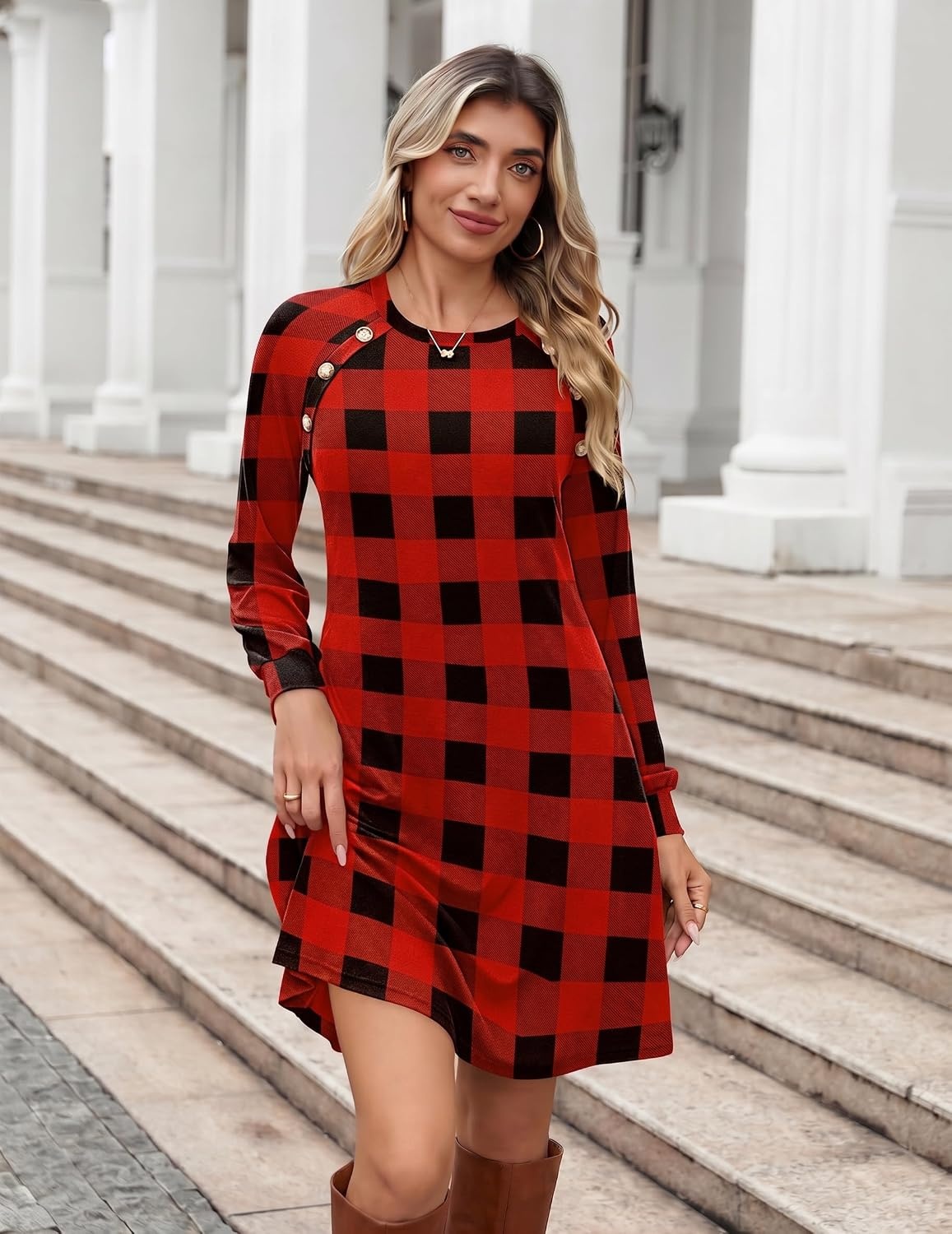 image:imageZeagoo Womens Long Sleeve Tunic Dress Side Button Crew Neck Casual Flowy Fall Winter ALine Dress with PocketsRed Plaid