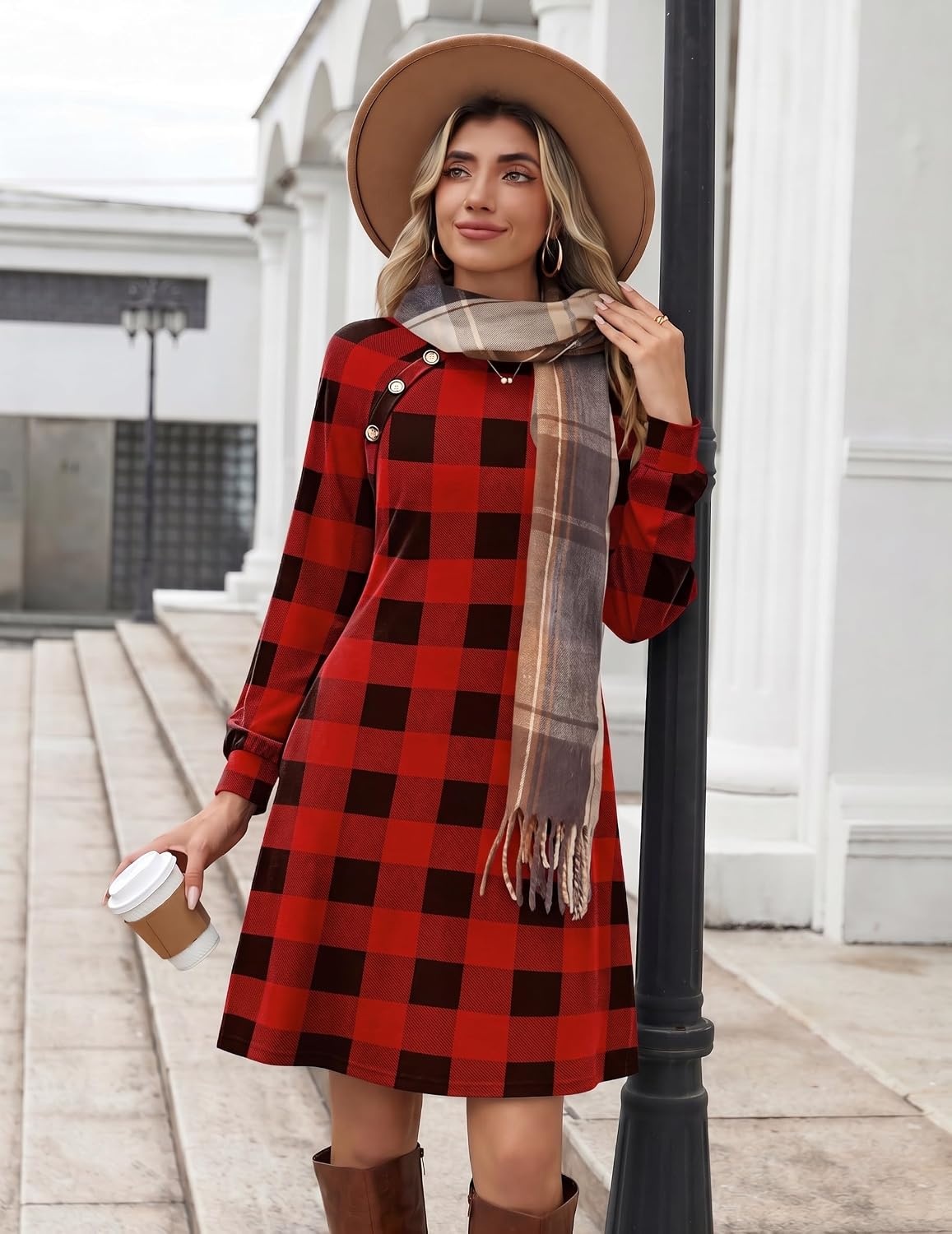 image:imageZeagoo Womens Long Sleeve Tunic Dress Side Button Crew Neck Casual Flowy Fall Winter ALine Dress with PocketsRed Plaid