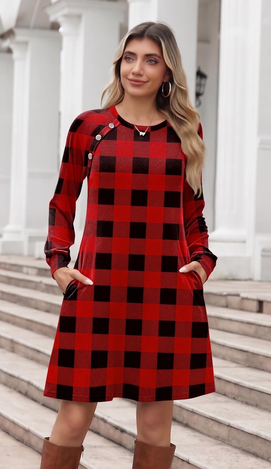 image:imageZeagoo Womens Long Sleeve Tunic Dress Side Button Crew Neck Casual Flowy Fall Winter ALine Dress with PocketsRed Plaid