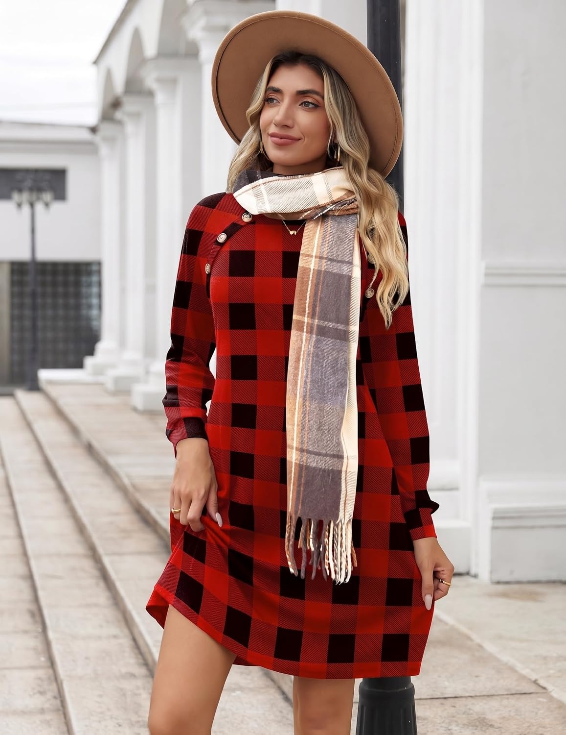 image:imageZeagoo Womens Long Sleeve Tunic Dress Side Button Crew Neck Casual Flowy Fall Winter ALine Dress with PocketsRed Plaid