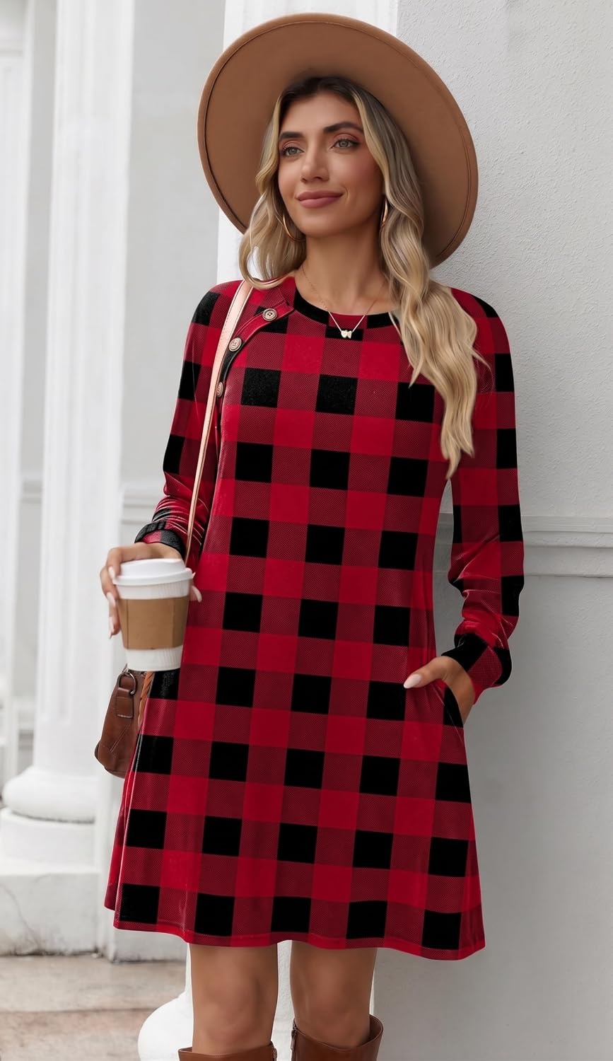 image:imageZeagoo Womens Long Sleeve Tunic Dress Side Button Crew Neck Casual Flowy Fall Winter ALine Dress with PocketsRed Plaid