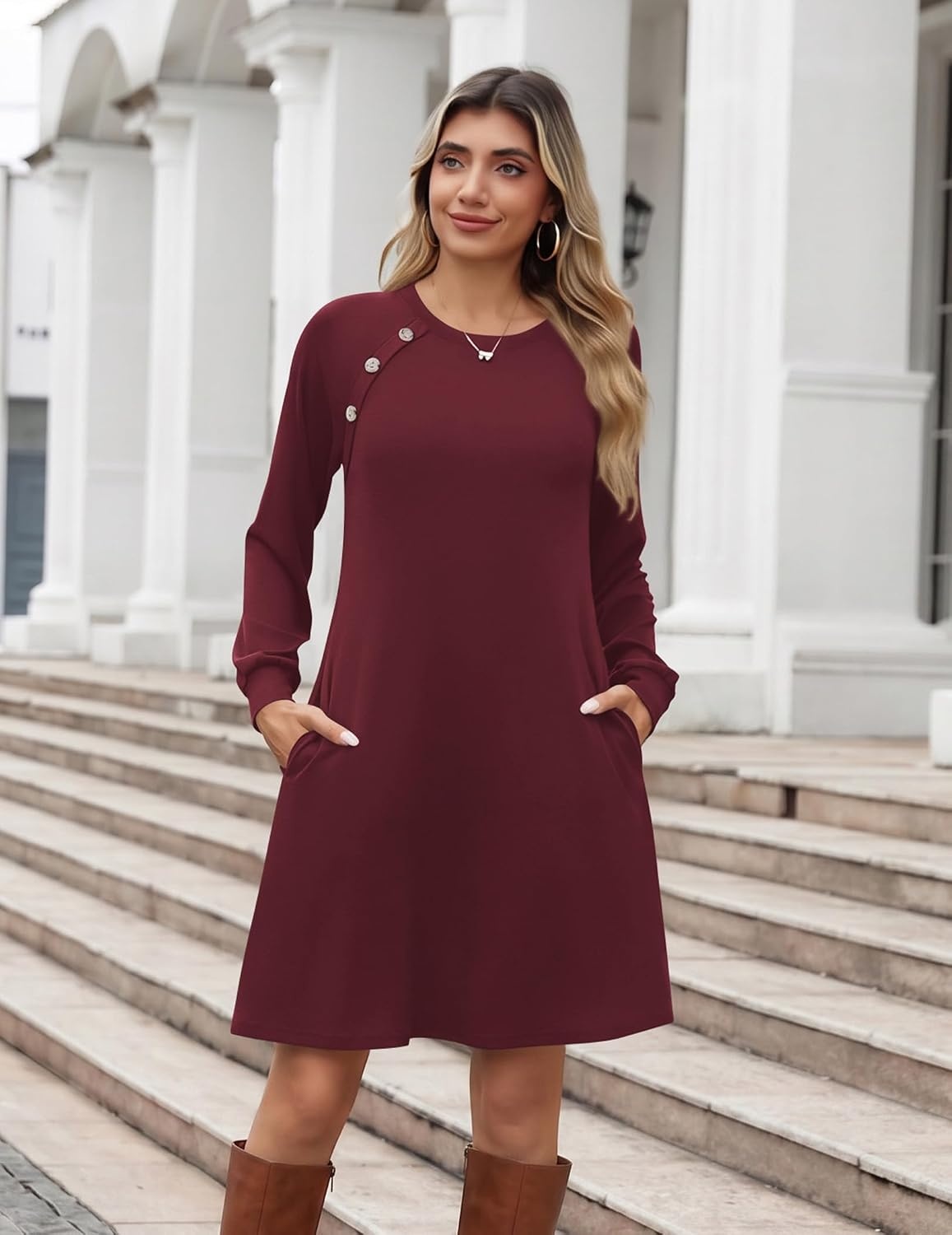image:imageZeagoo Womens Long Sleeve Tunic Dress Side Button Crew Neck Casual Flowy Fall Winter ALine Dress with PocketsWine Red