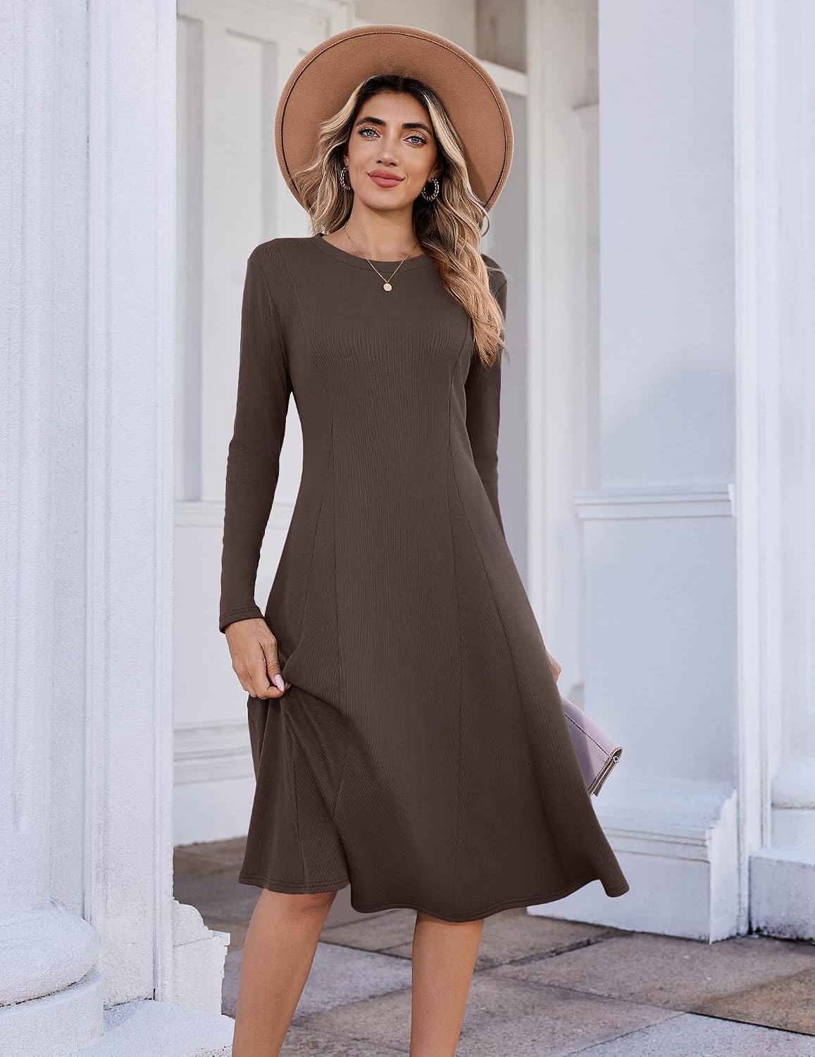 image:imageZeagoo Womens Sweater Dress Long Sleeve Ribbed Knit Flowy Midi Fall DressesBrown