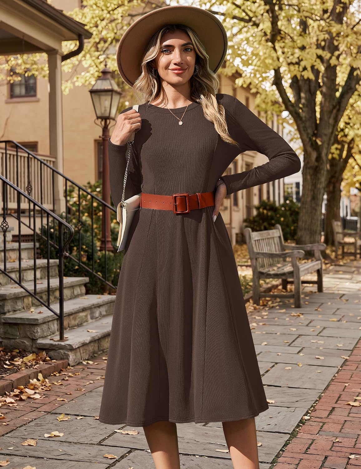 image:imageZeagoo Womens Sweater Dress Long Sleeve Ribbed Knit Flowy Midi Fall DressesBrown