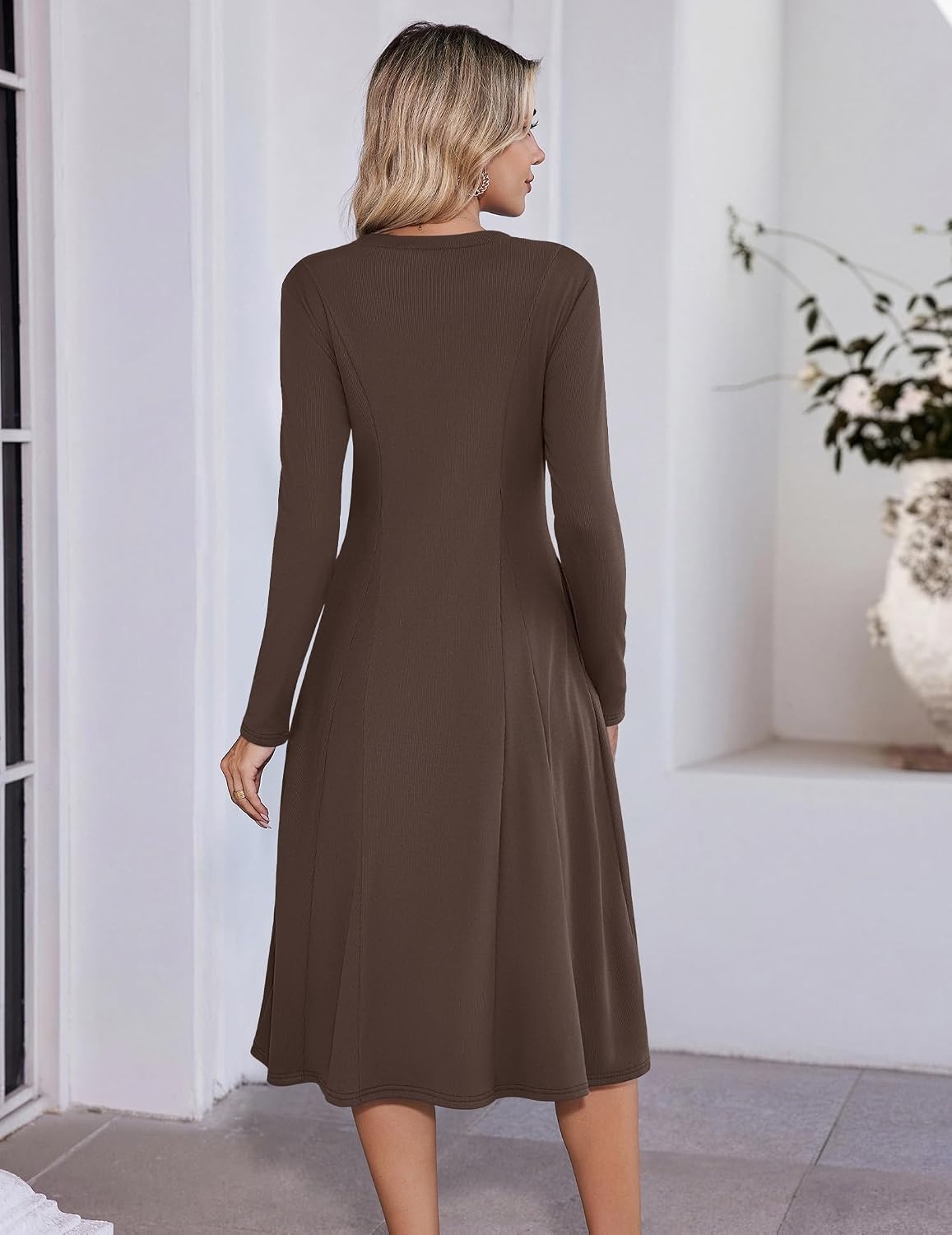 image:imageZeagoo Womens Sweater Dress Long Sleeve Ribbed Knit Flowy Midi Fall DressesBrown