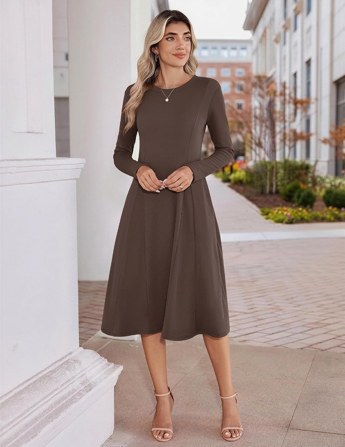 image:imageZeagoo Womens Sweater Dress Long Sleeve Ribbed Knit Flowy Midi Fall DressesBrown