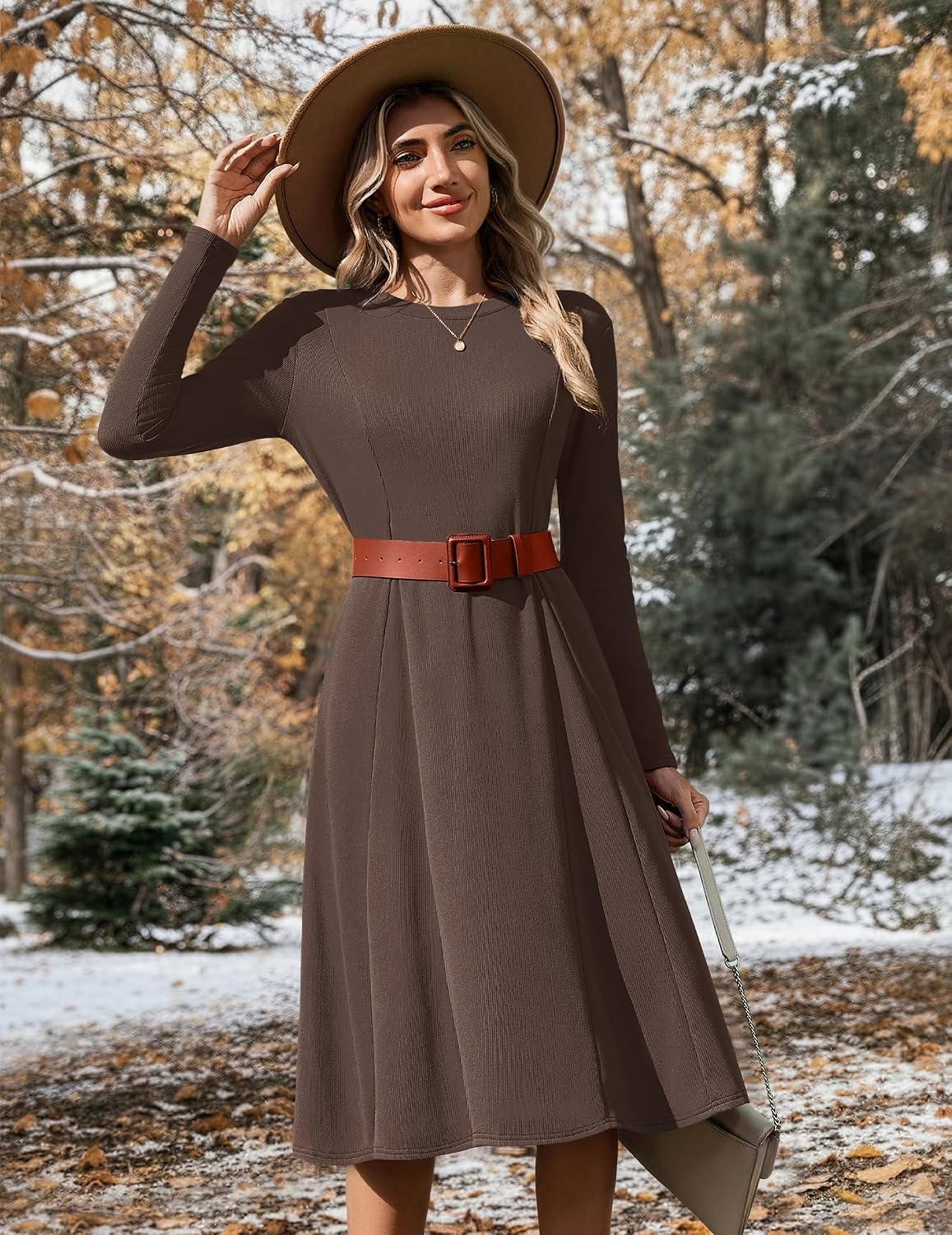 image:imageZeagoo Womens Sweater Dress Long Sleeve Ribbed Knit Flowy Midi Fall DressesBrown