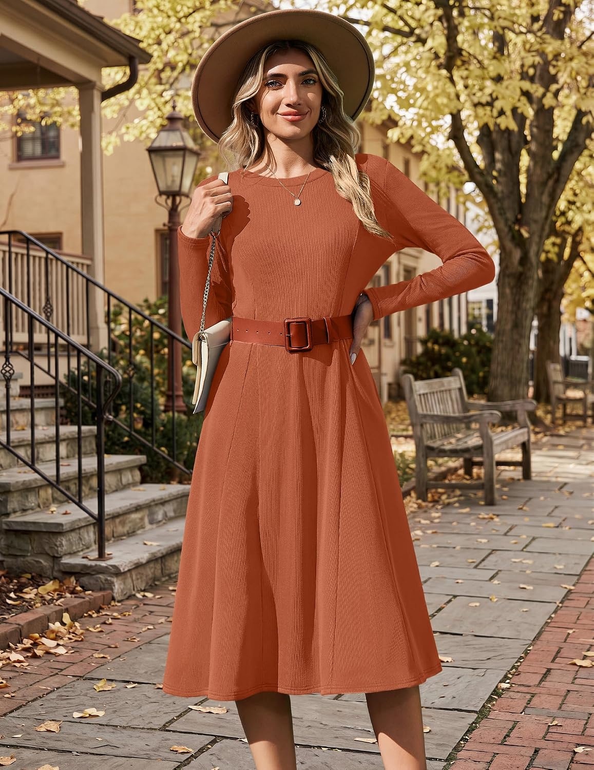 image:imageZeagoo Womens Sweater Dress Long Sleeve Ribbed Knit Flowy Midi Fall DressesCaramel