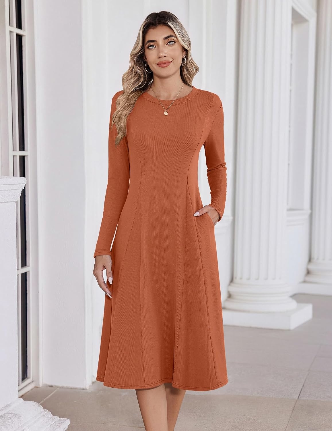 image:imageZeagoo Womens Sweater Dress Long Sleeve Ribbed Knit Flowy Midi Fall DressesCaramel