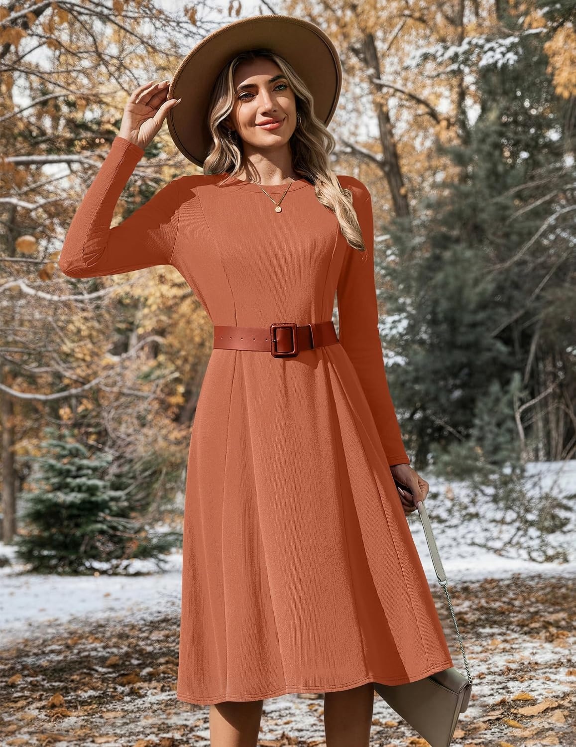 image:imageZeagoo Womens Sweater Dress Long Sleeve Ribbed Knit Flowy Midi Fall DressesCaramel