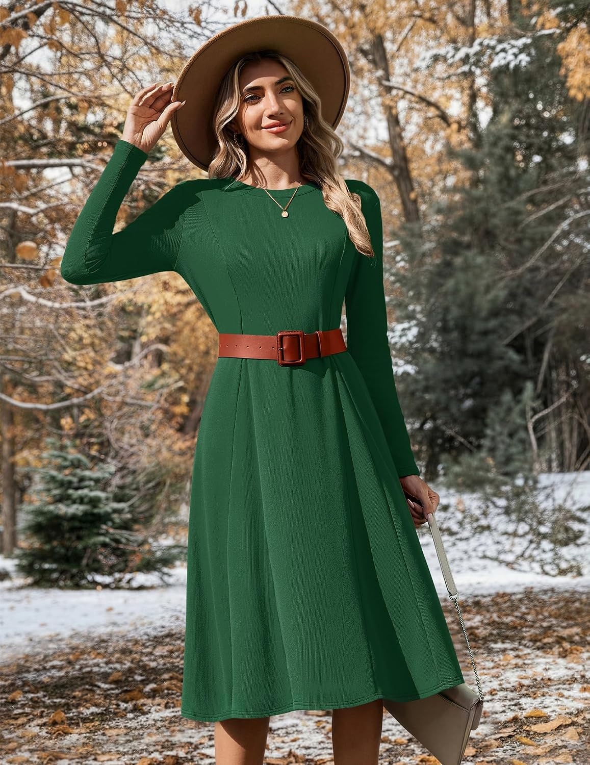 image:imageZeagoo Womens Sweater Dress Long Sleeve Ribbed Knit Flowy Midi Fall DressesGreen