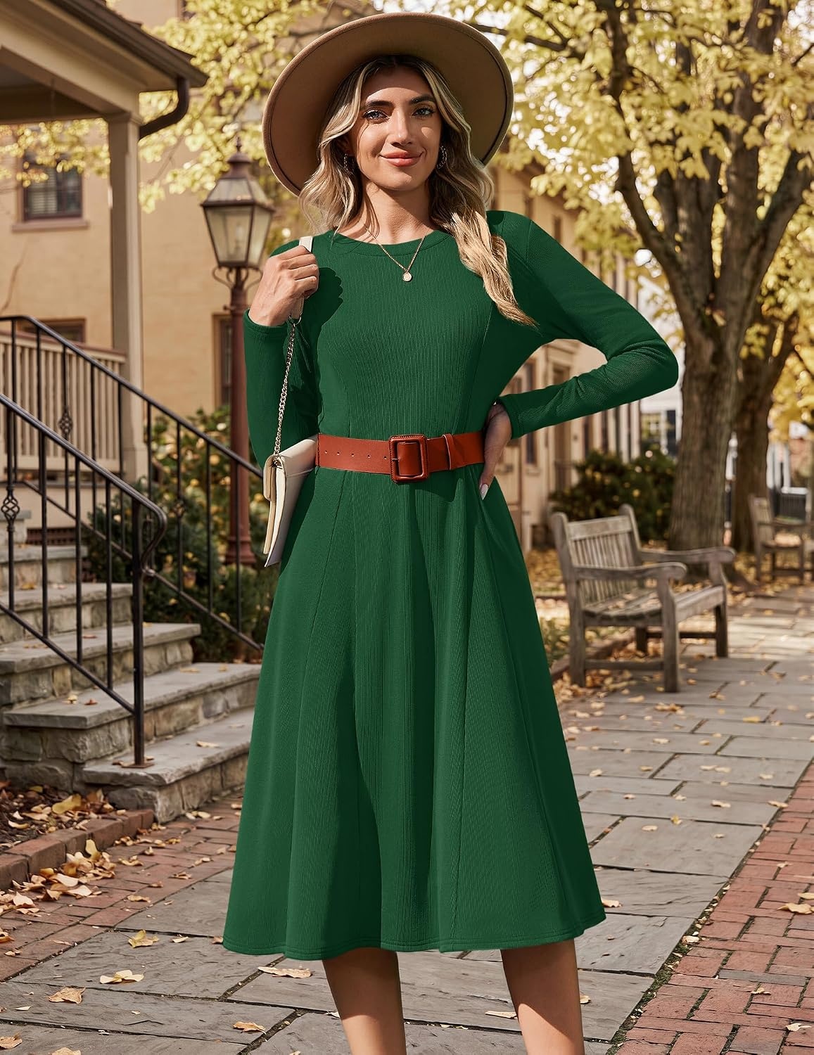 image:imageZeagoo Womens Sweater Dress Long Sleeve Ribbed Knit Flowy Midi Fall DressesGreen
