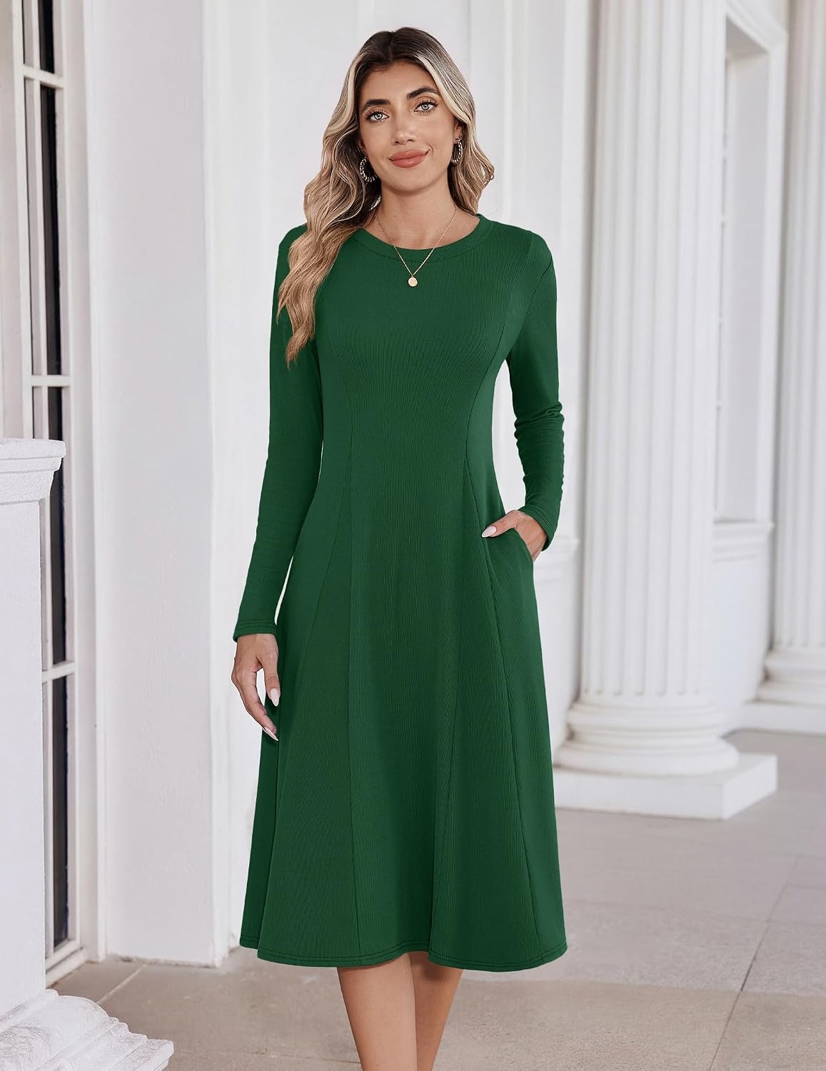 image:imageZeagoo Womens Sweater Dress Long Sleeve Ribbed Knit Flowy Midi Fall DressesGreen