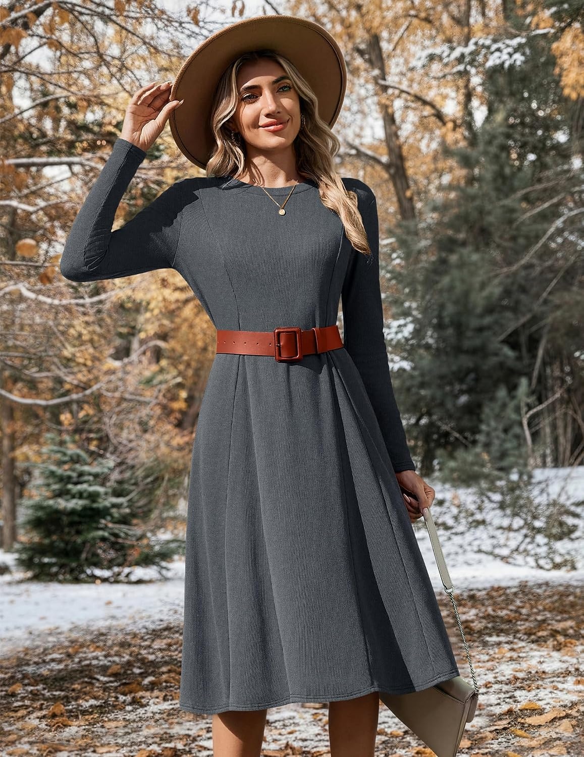 image:imageZeagoo Womens Sweater Dress Long Sleeve Ribbed Knit Flowy Midi Fall DressesGrey