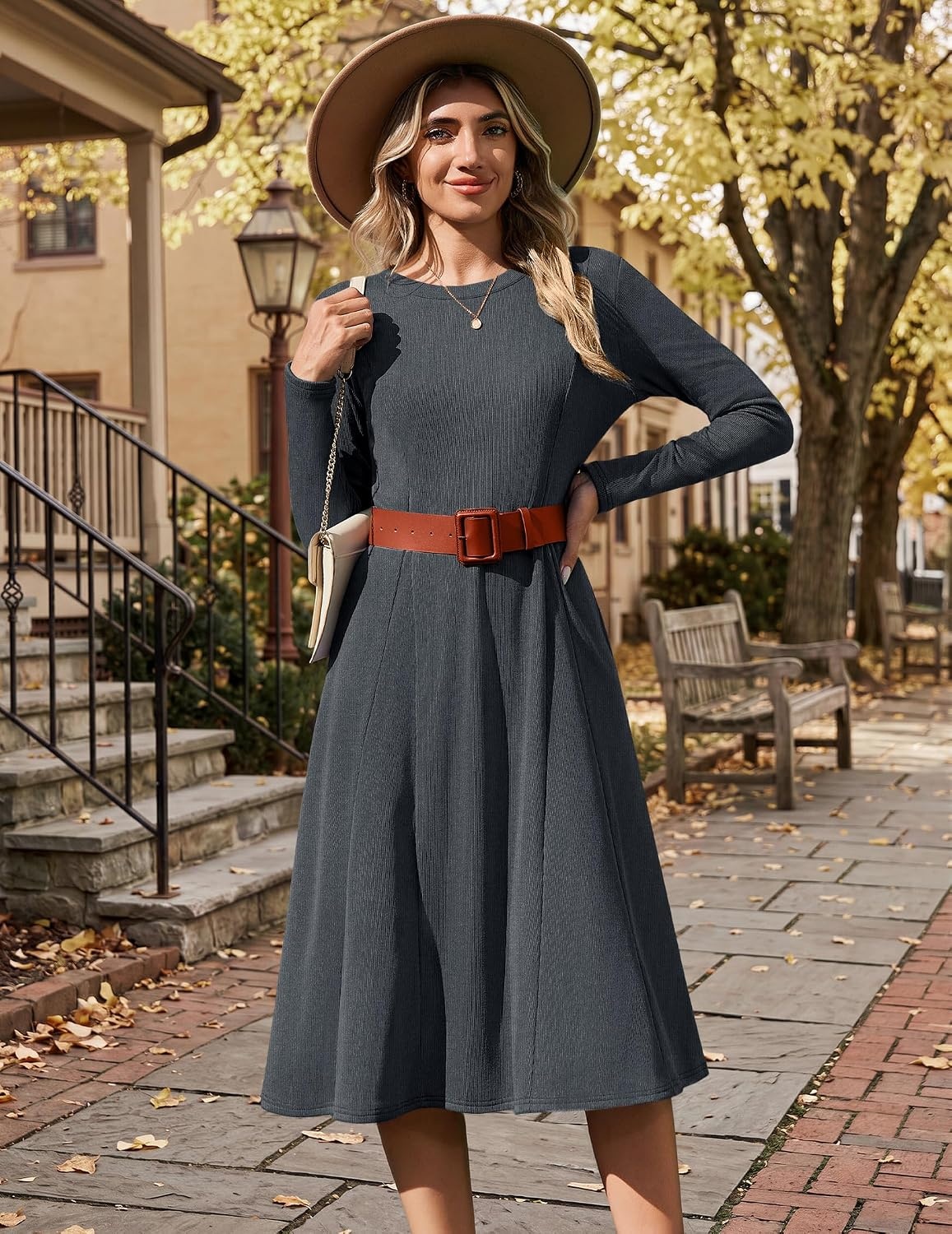 image:imageZeagoo Womens Sweater Dress Long Sleeve Ribbed Knit Flowy Midi Fall DressesGrey