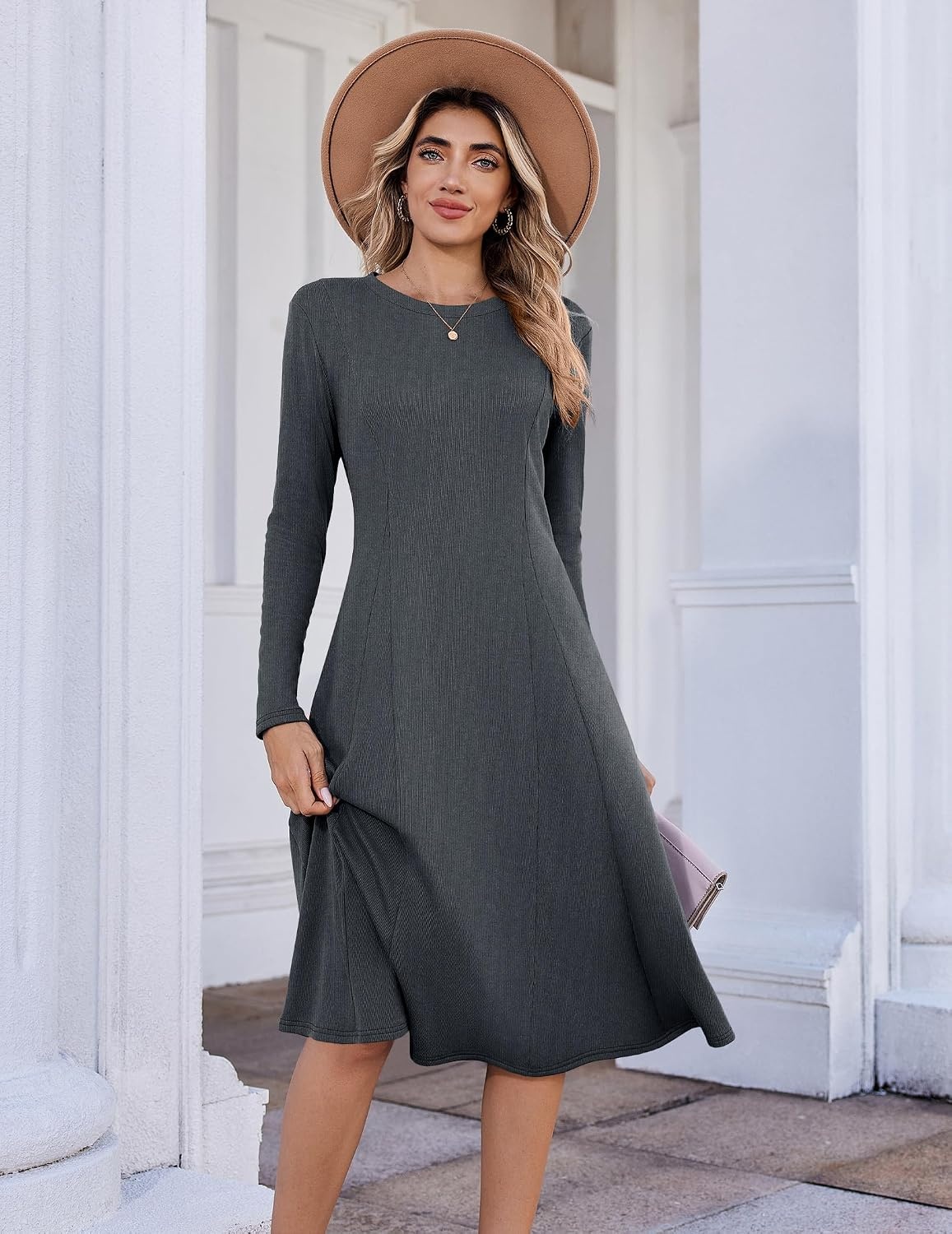 image:imageZeagoo Womens Sweater Dress Long Sleeve Ribbed Knit Flowy Midi Fall DressesGrey
