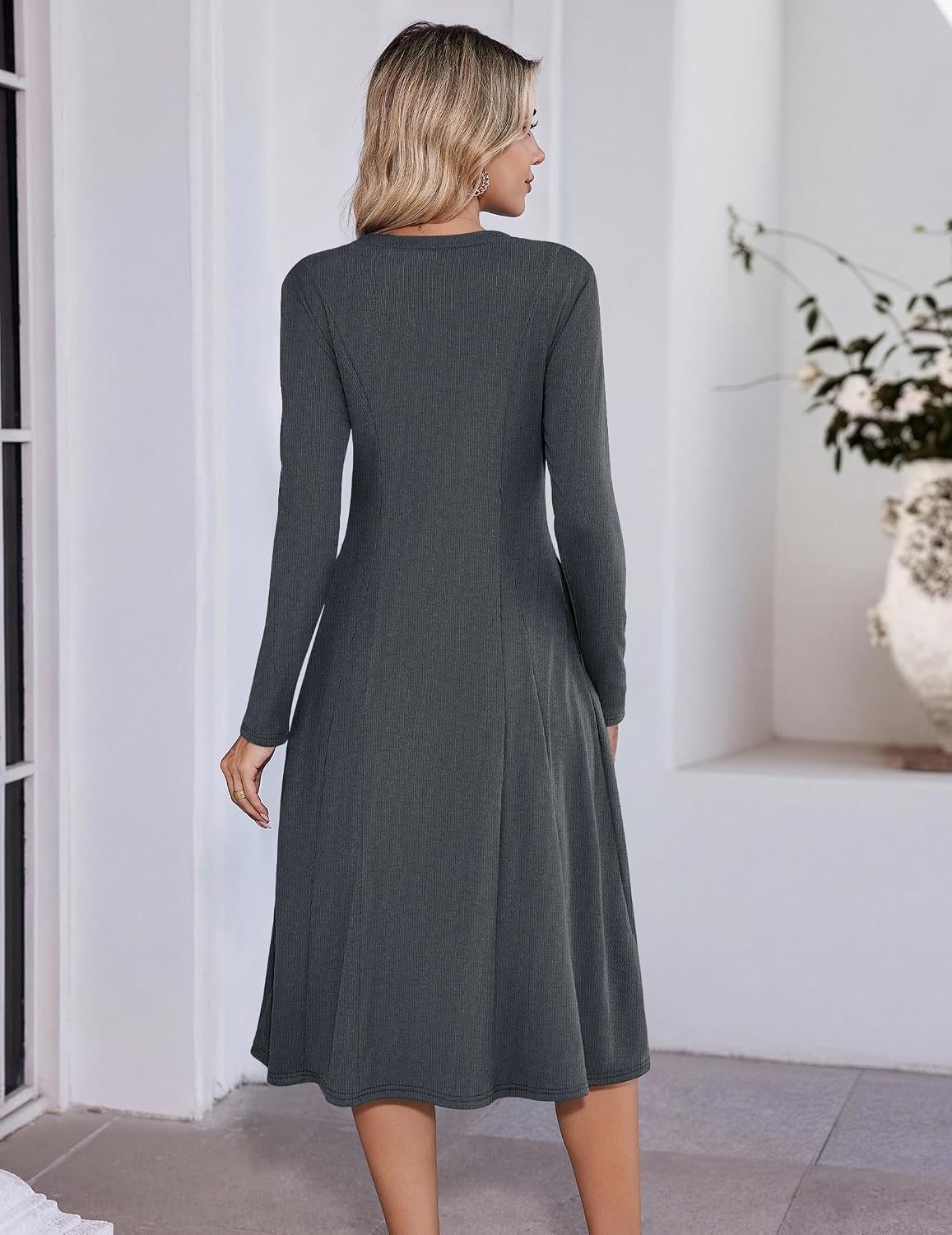 image:imageZeagoo Womens Sweater Dress Long Sleeve Ribbed Knit Flowy Midi Fall DressesGrey