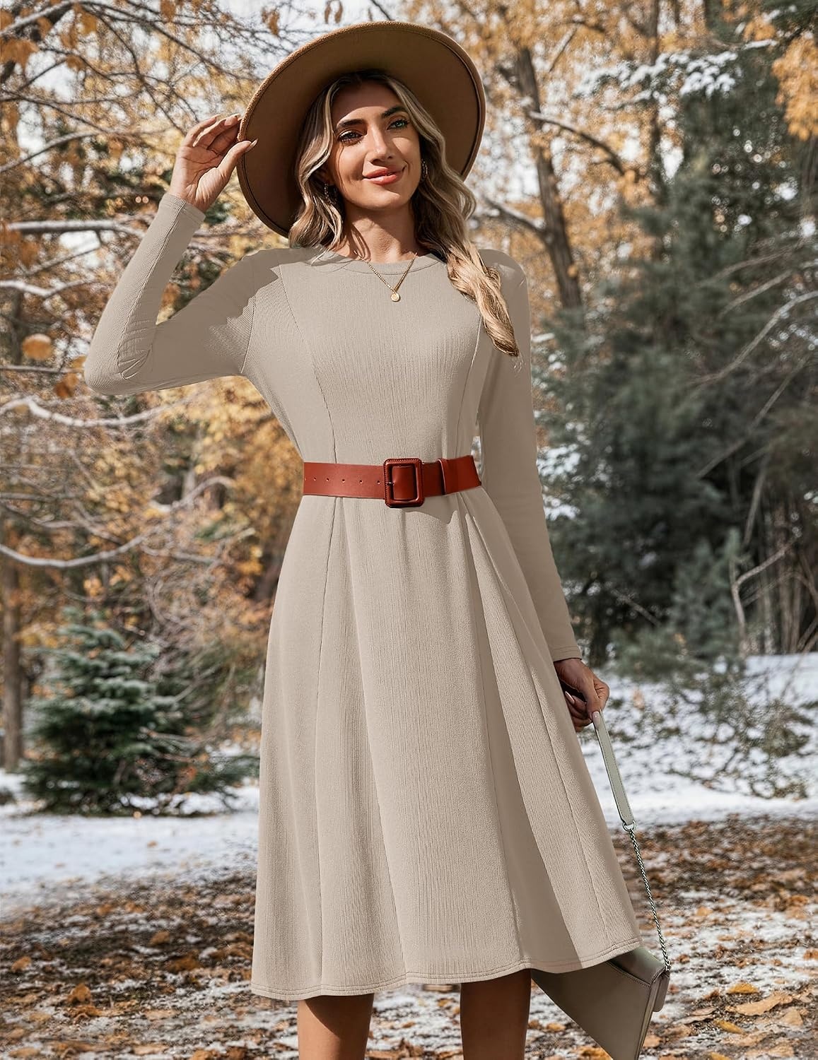 image:imageZeagoo Womens Sweater Dress Long Sleeve Ribbed Knit Flowy Midi Fall DressesKhaki