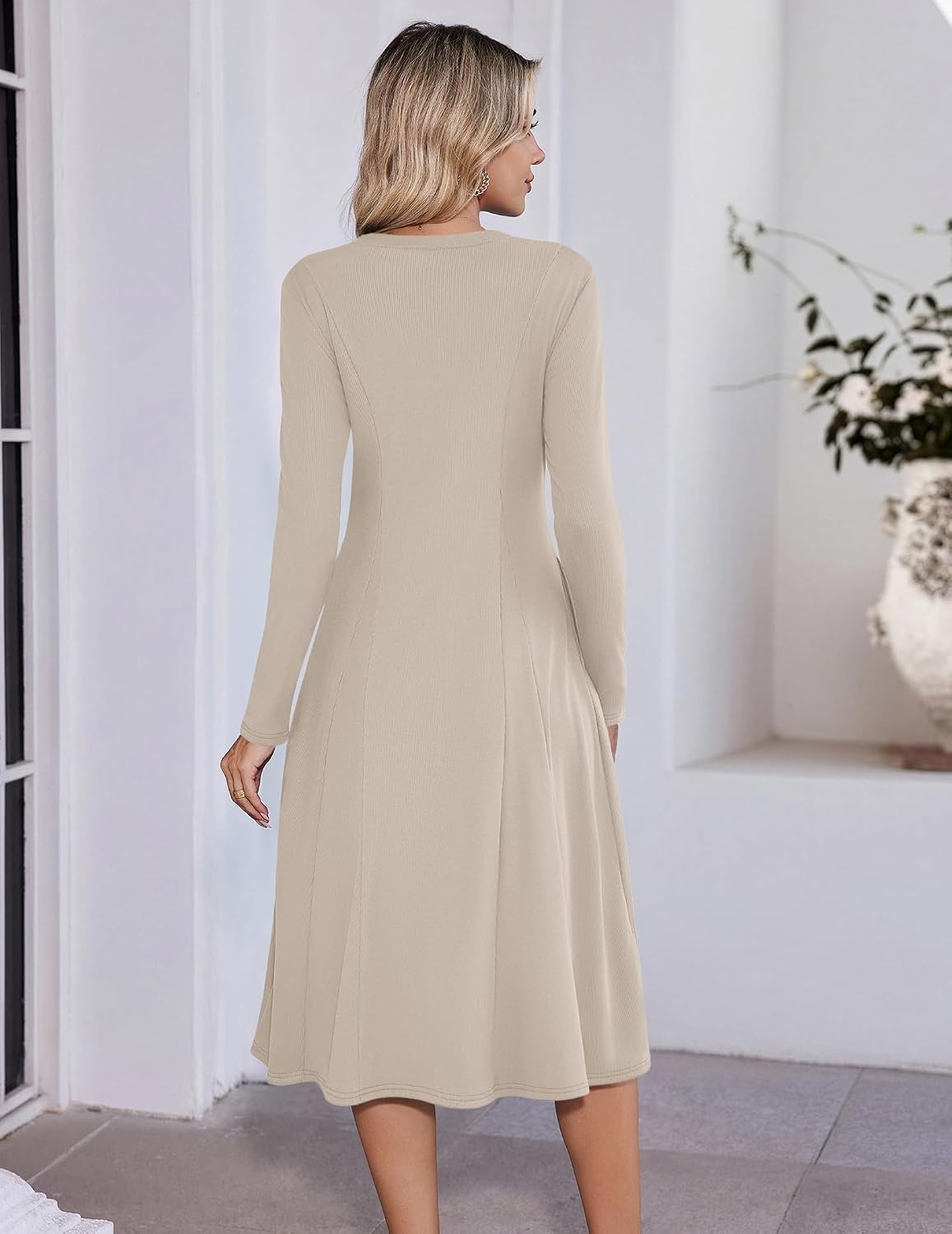 image:imageZeagoo Womens Sweater Dress Long Sleeve Ribbed Knit Flowy Midi Fall DressesKhaki