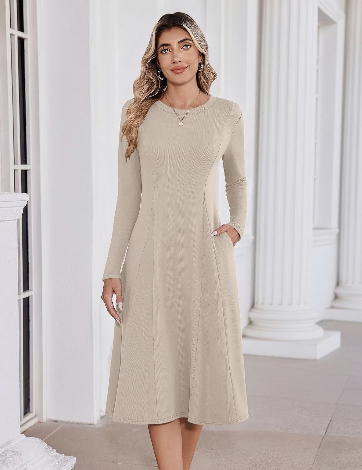 image:imageZeagoo Womens Sweater Dress Long Sleeve Ribbed Knit Flowy Midi Fall DressesKhaki
