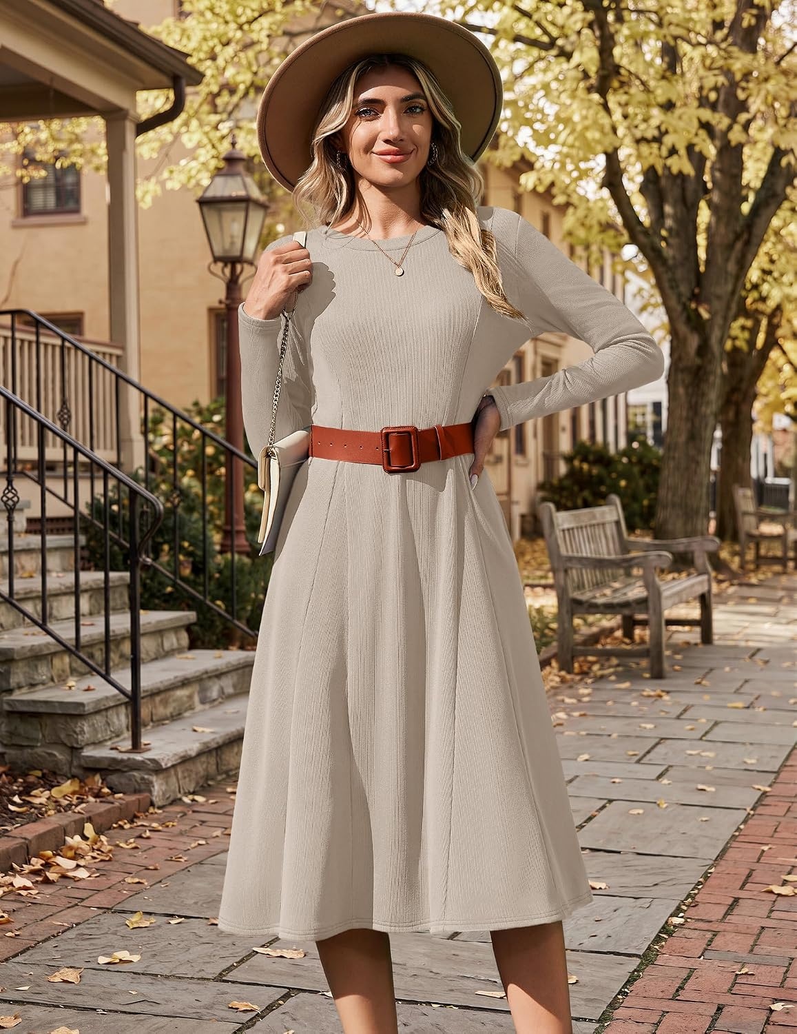 image:imageZeagoo Womens Sweater Dress Long Sleeve Ribbed Knit Flowy Midi Fall DressesKhaki
