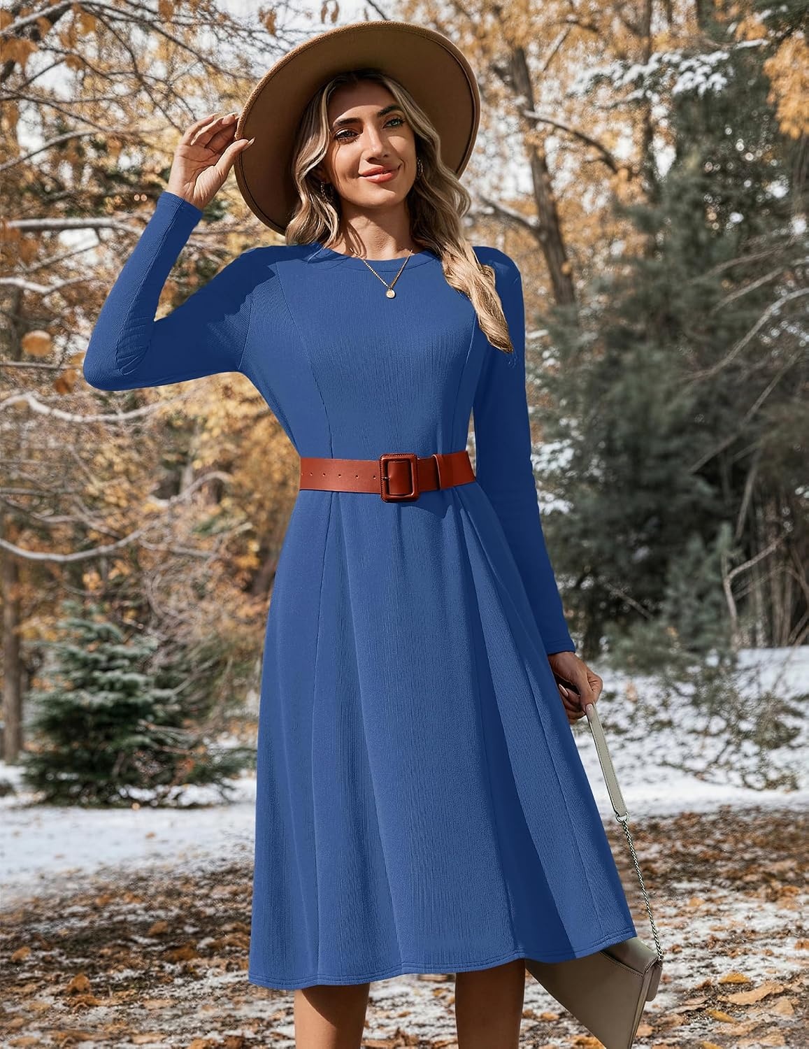 image:imageZeagoo Womens Sweater Dress Long Sleeve Ribbed Knit Flowy Midi Fall DressesNavy Blue 01
