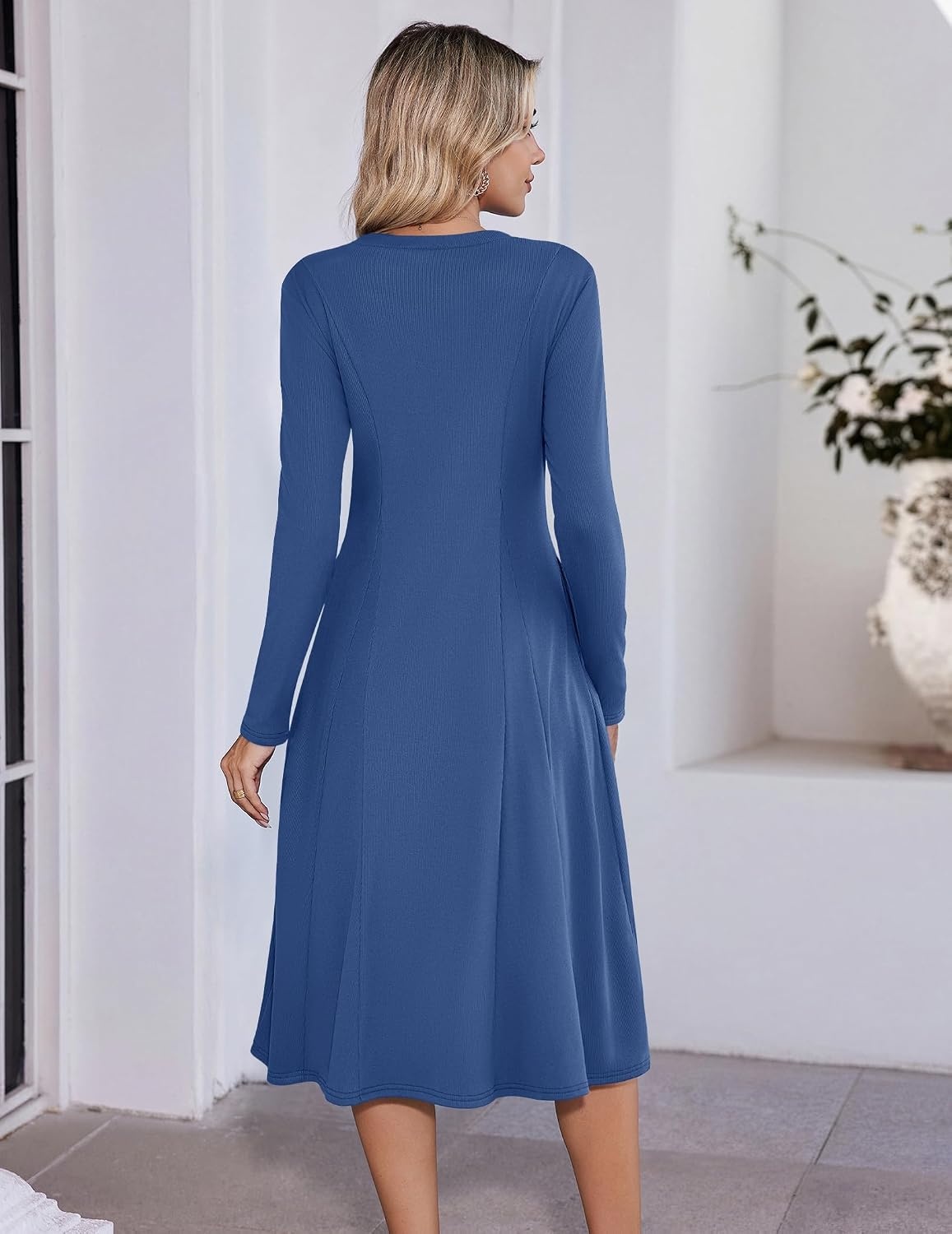 image:imageZeagoo Womens Sweater Dress Long Sleeve Ribbed Knit Flowy Midi Fall DressesNavy Blue 01