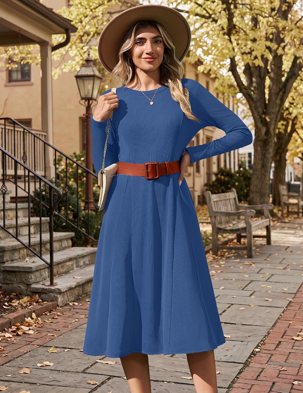 image:imageZeagoo Womens Sweater Dress Long Sleeve Ribbed Knit Flowy Midi Fall DressesNavy Blue 01