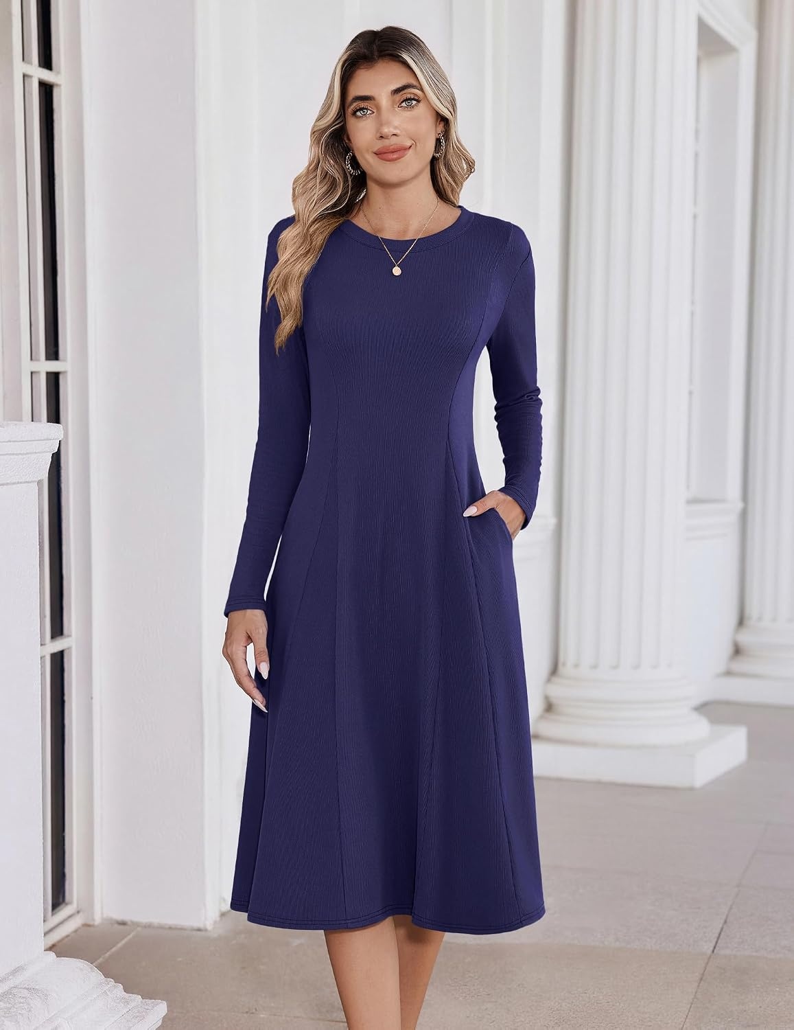image:imageZeagoo Womens Sweater Dress Long Sleeve Ribbed Knit Flowy Midi Fall DressesNavy Blue