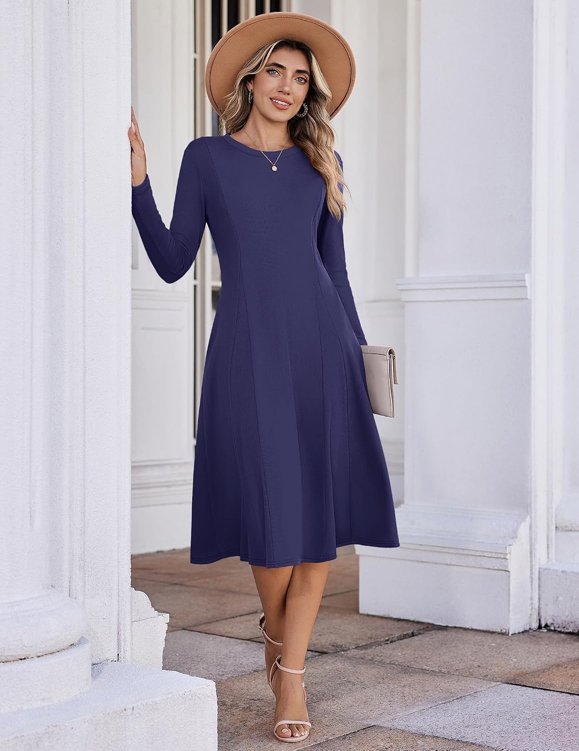 image:imageZeagoo Womens Sweater Dress Long Sleeve Ribbed Knit Flowy Midi Fall DressesNavy Blue