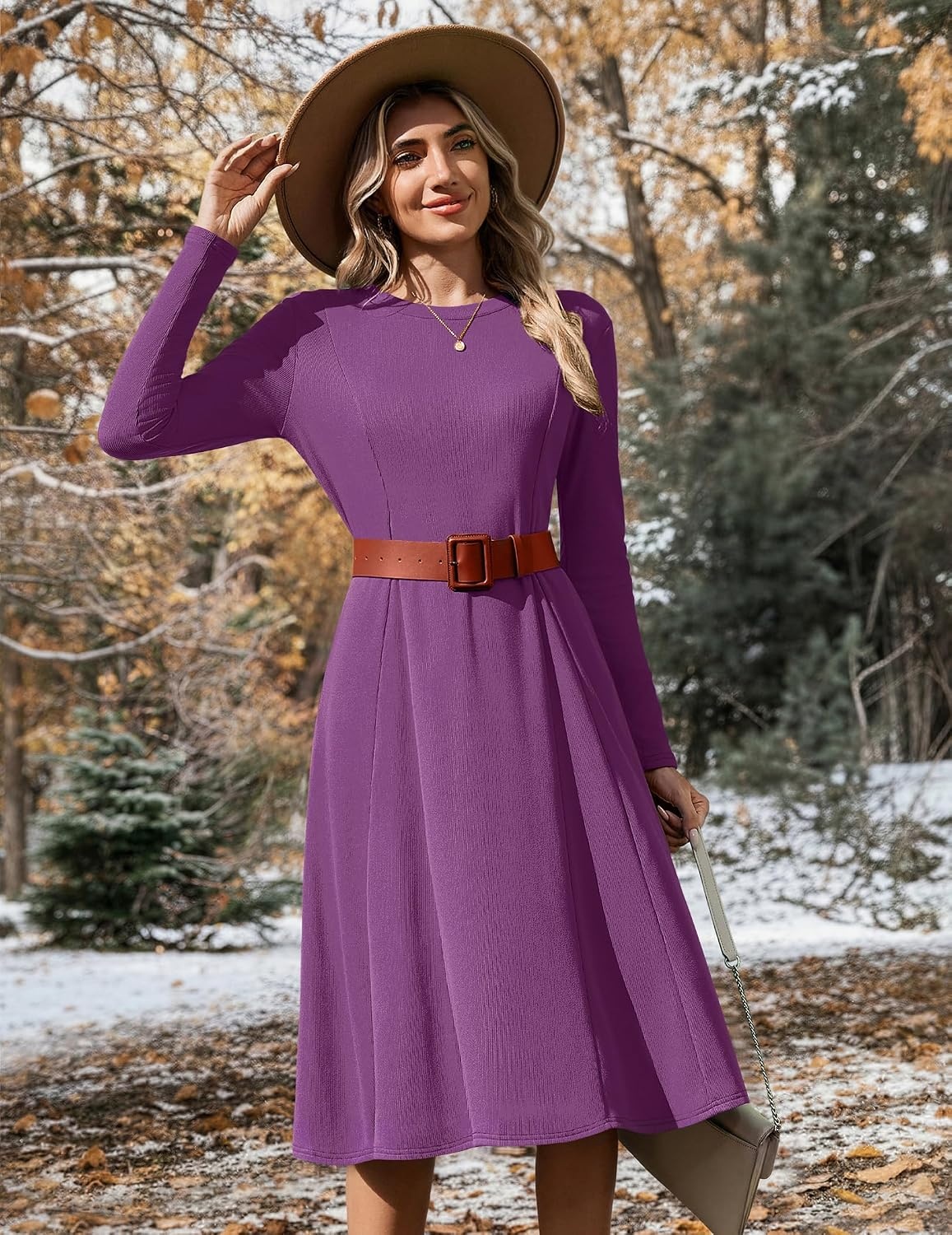 image:imageZeagoo Womens Sweater Dress Long Sleeve Ribbed Knit Flowy Midi Fall DressesPurple
