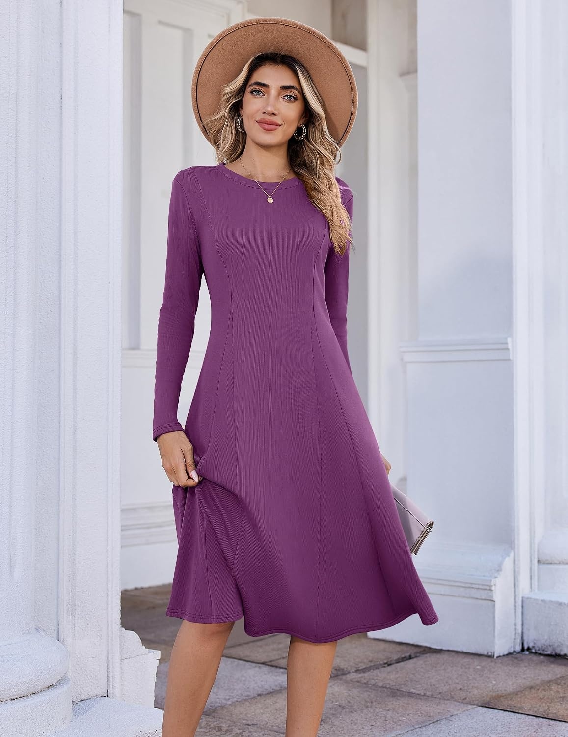 image:imageZeagoo Womens Sweater Dress Long Sleeve Ribbed Knit Flowy Midi Fall DressesPurple