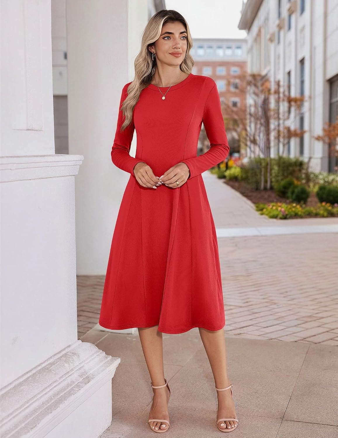 image:imageZeagoo Womens Sweater Dress Long Sleeve Ribbed Knit Flowy Midi Fall DressesRed