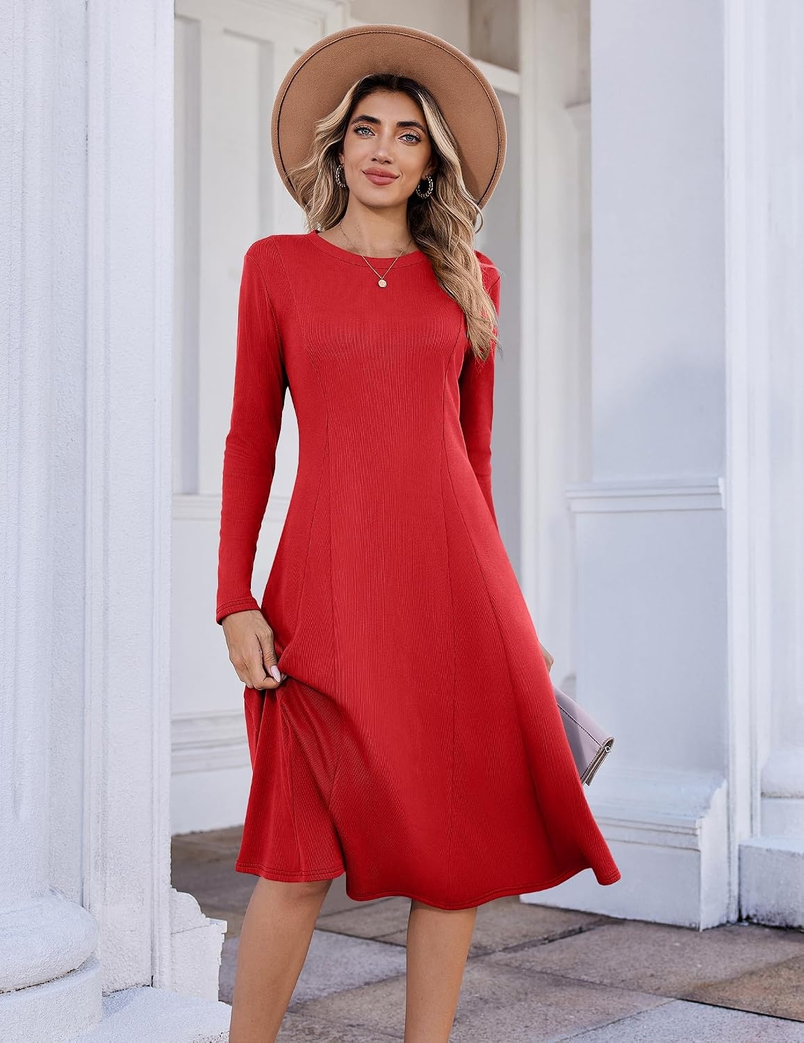 image:imageZeagoo Womens Sweater Dress Long Sleeve Ribbed Knit Flowy Midi Fall DressesRed